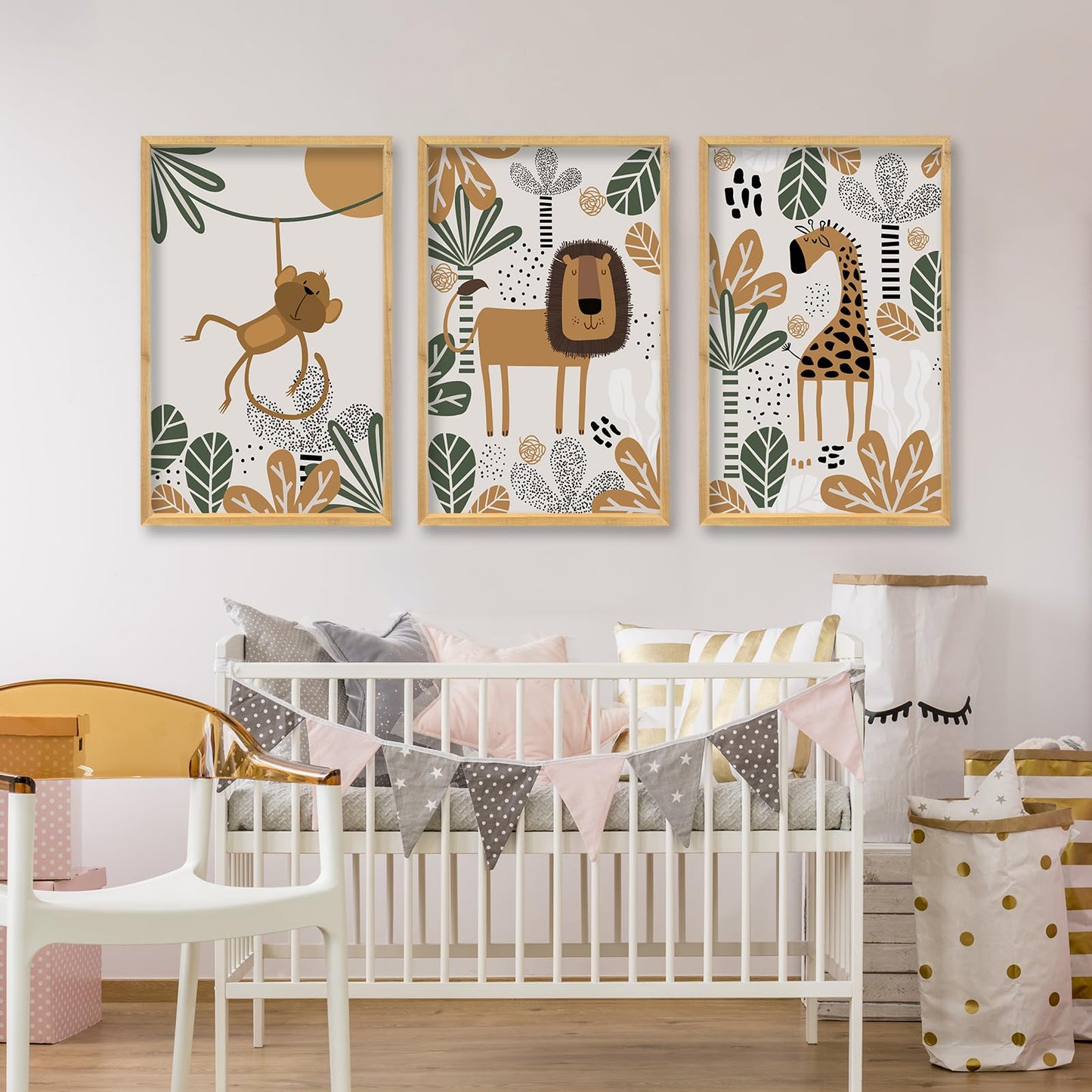comurdyo Kids Cute Animal Wall Art Set of 3 Framed Safari Prints Cartoon Lion Monkey Giraffe Sign 16×11 Inch for Baby Room Toddler Nursery Children's Room Boho Rustic Wood Framed Hanging Decor (Wood)
