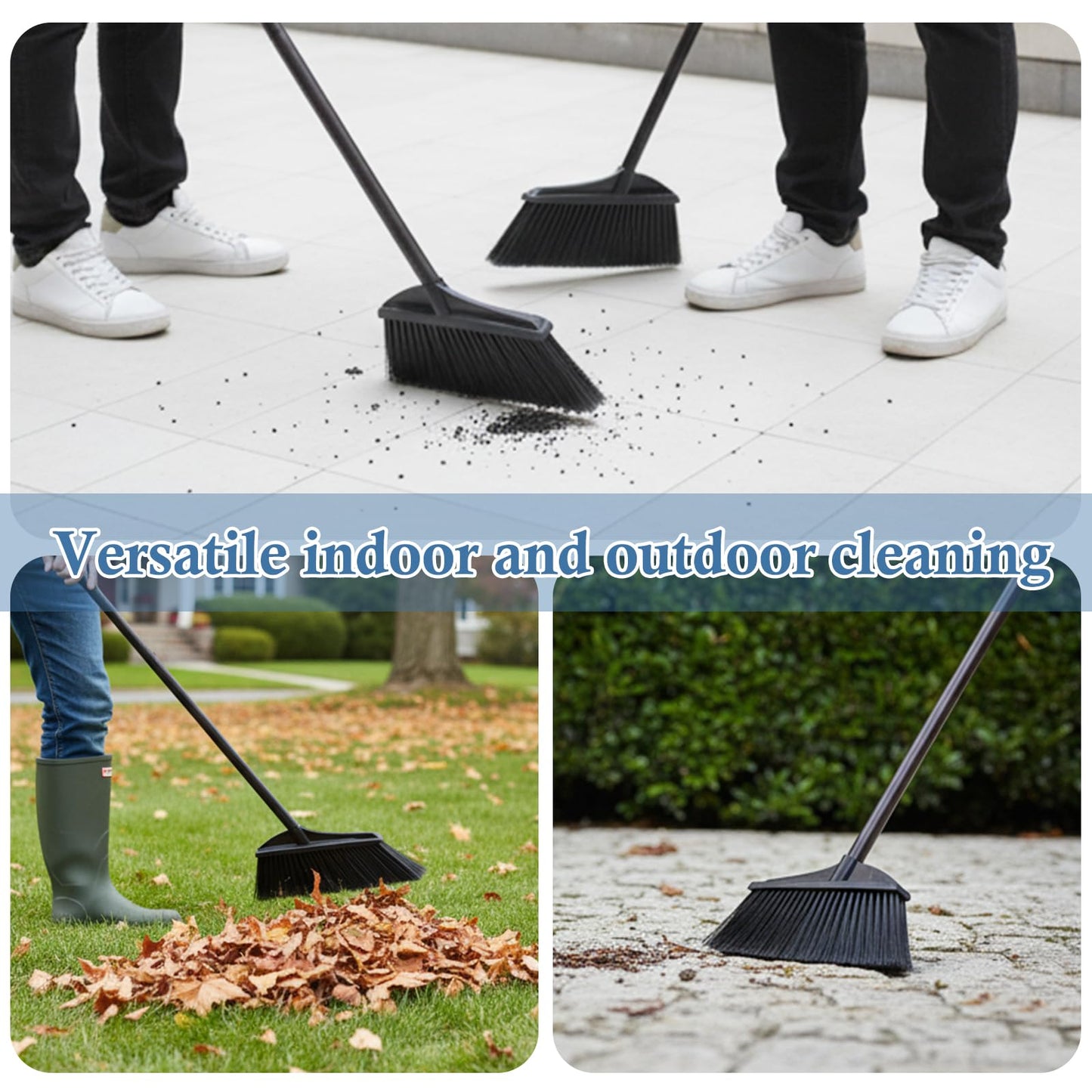 Primero Basics Black Broom for Floor Cleaning, 35" Heavy Duty Iron Handle Angled Broom with Stiff Bristles, Manual Sweeper for Kitchen, Apartment, RV, Small Spaces, Indoor Outdoor Use, 2 Pack