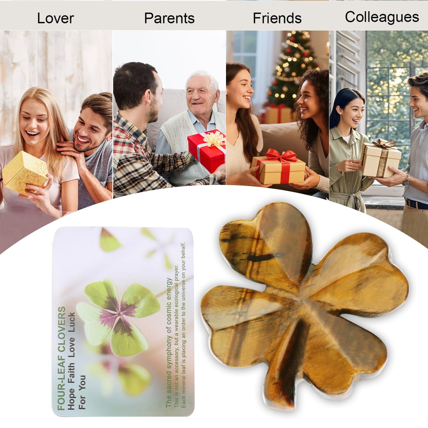 Hguxmcu Natural Tigers Eye Four Leaf Clover - Feng Shui Lucky Crystal for Love Positivity, Polished Healing Stone Decor, Birthday Gift for Her Gift for Women Men