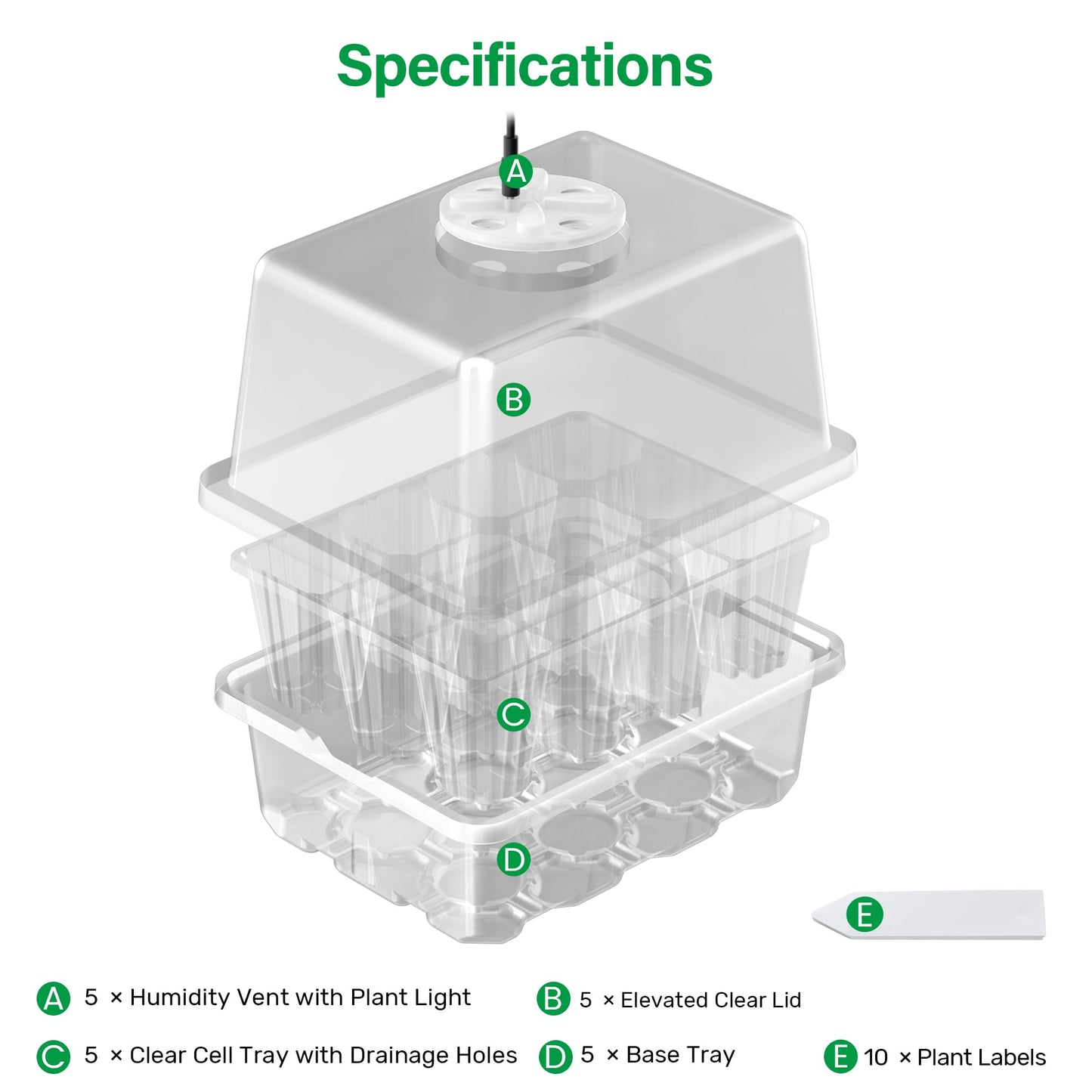 Bonviee 5 Packs Seed Starter Tray with Grow Light, Elevated Seedling Starter Trays Kits with Adjustable Humidity Domes and Clear Cell Tray, 12 Full Spectrum led lamp Beads for Plants Indoor-Clear