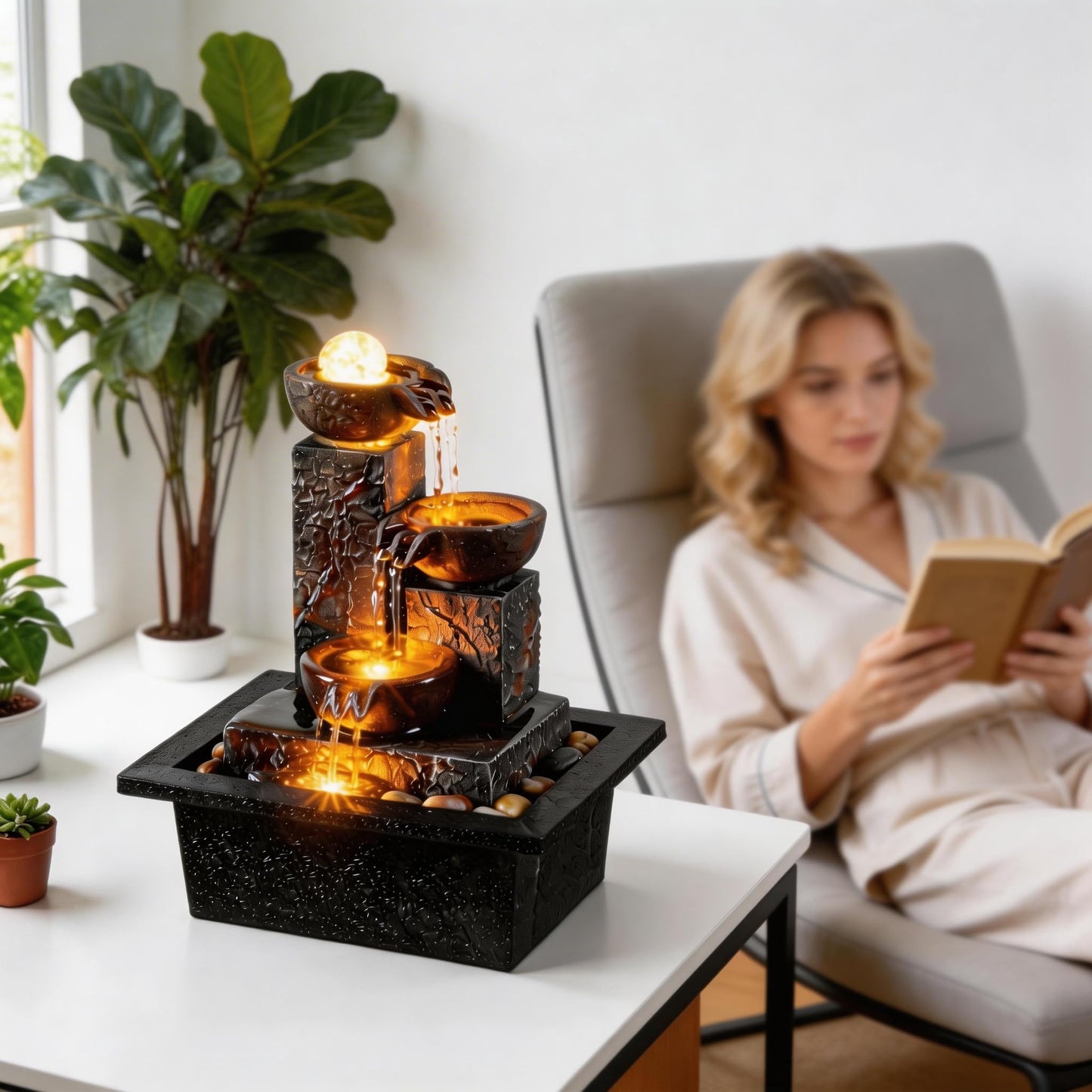Tolevoit Three Bowls with Rotating Ball Flowing Tabletop Fountain Home Décor Indoor Decor Waterfall Sound Zen Mini Fountain Warm Led Light Pebbles Stone(23114)