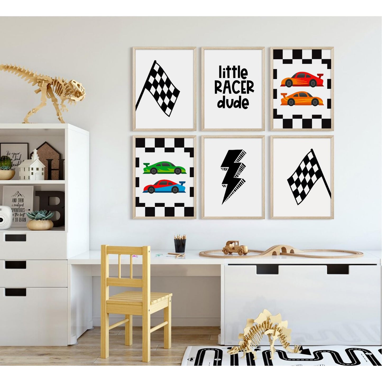 Race Car Wall Art Pictures Boys Room Wall Decor Nursery Toddler Canvas Wall Art Kids Playroom Art Prints Boys Race Car Poster Nursery Artwork Set of 6 for Bedroom 8x10 Inch Wood Framed