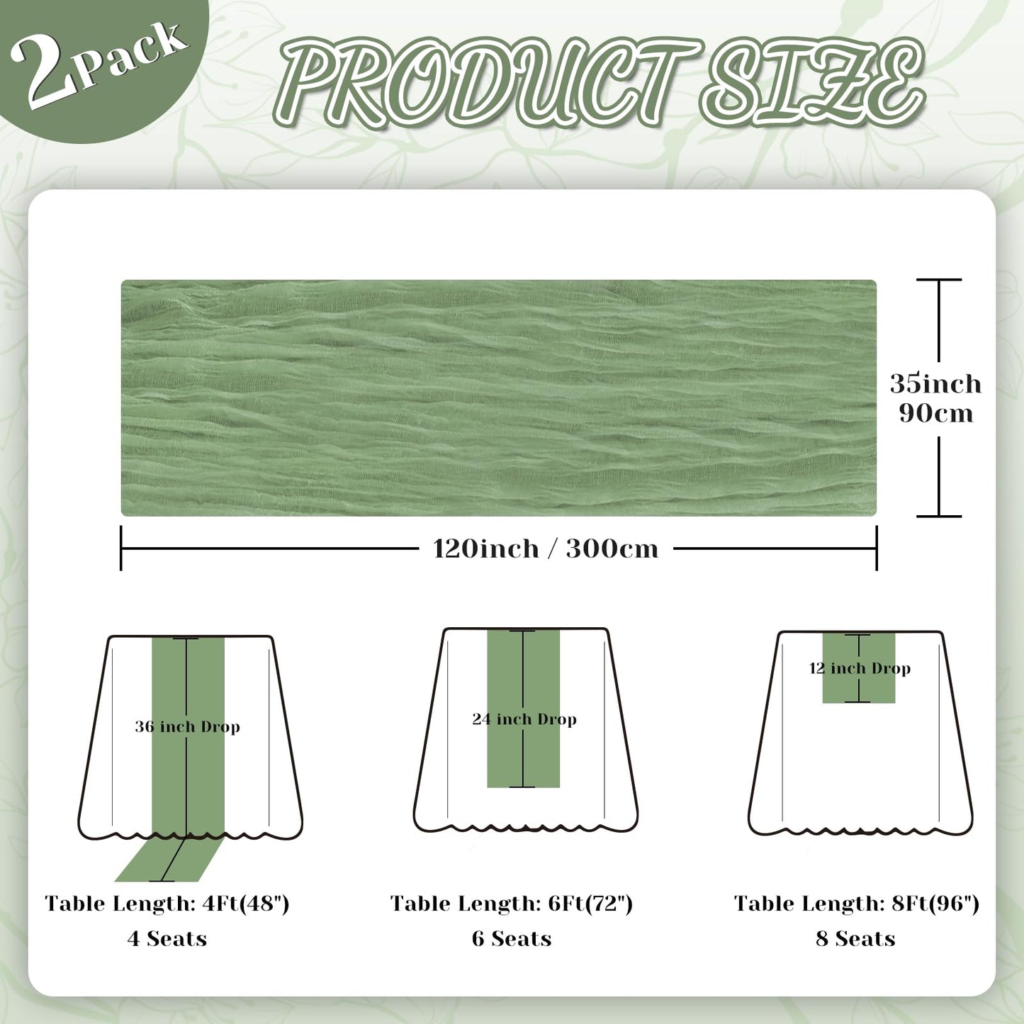 2 Pack Sage Green Cheesecloth Table Runner, 10Ft Boho Gauze Cheese Cloth Table Runners for Wedding, Party, Dinner, Baby Shower, 120 Inches Long Table Runner for St. Patrick's Day, Easter, Christmas