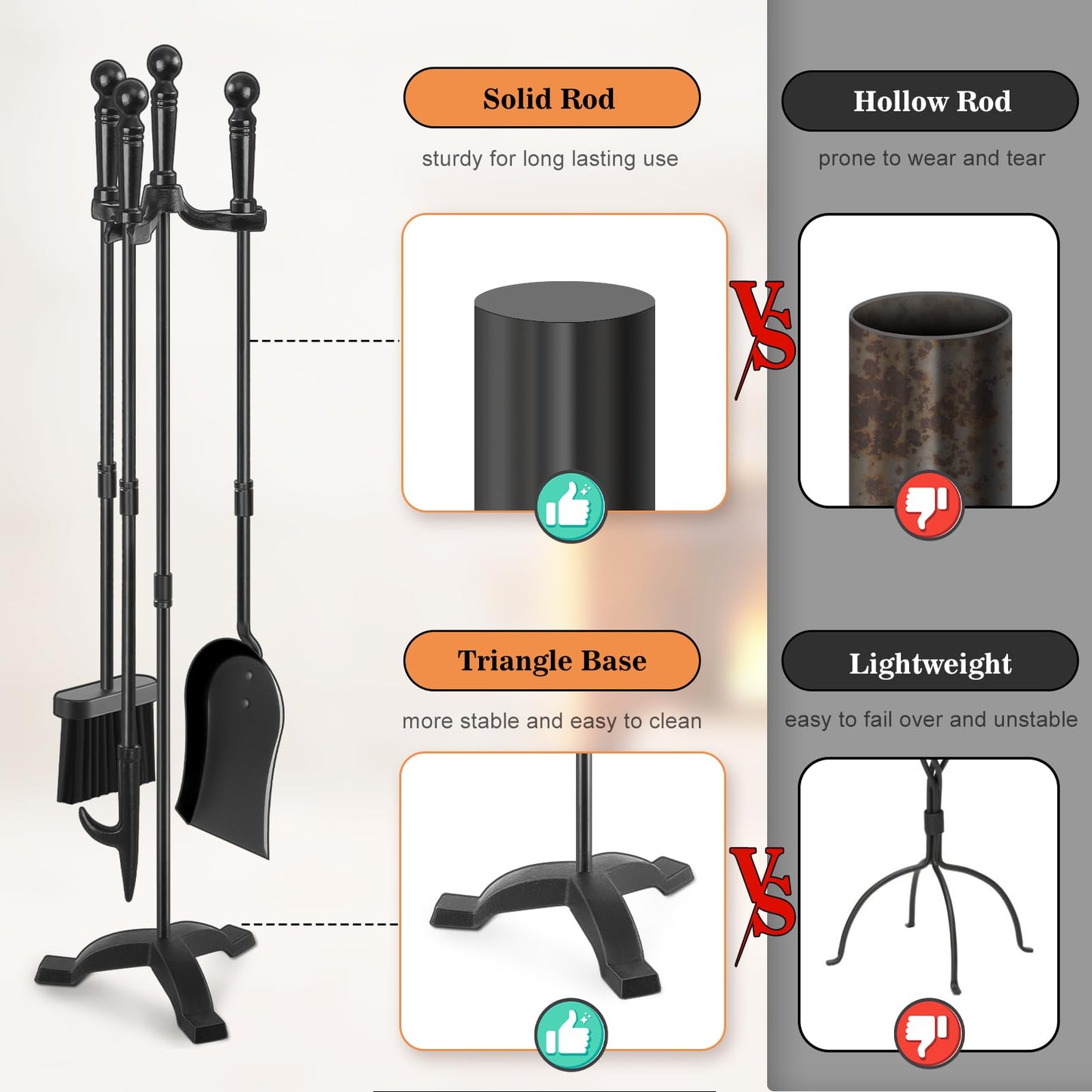 Gtongoko Fireplace Tools Set 4 Pcs 30 Inch Black Wrought Iron Large Fire Tool Set for Outdoor/Indoor Include Chimney Poker, Antique Shovel, Rustic Brush and Stand Accessories Set