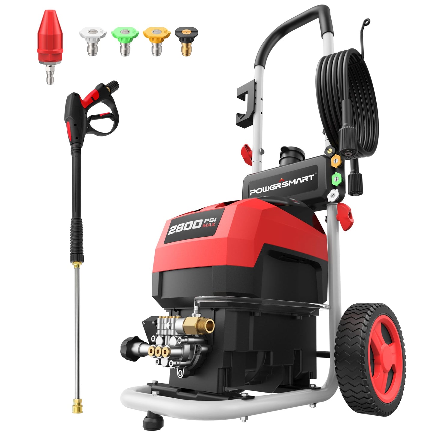 Electric Pressure Washer, 2800 PSI Max, 2.0 GPM, 8" Wheels, 5 Spray Tips and 1.5L Foam Tank, for Patio, Car, Driveway, Fence & Home Cleaning