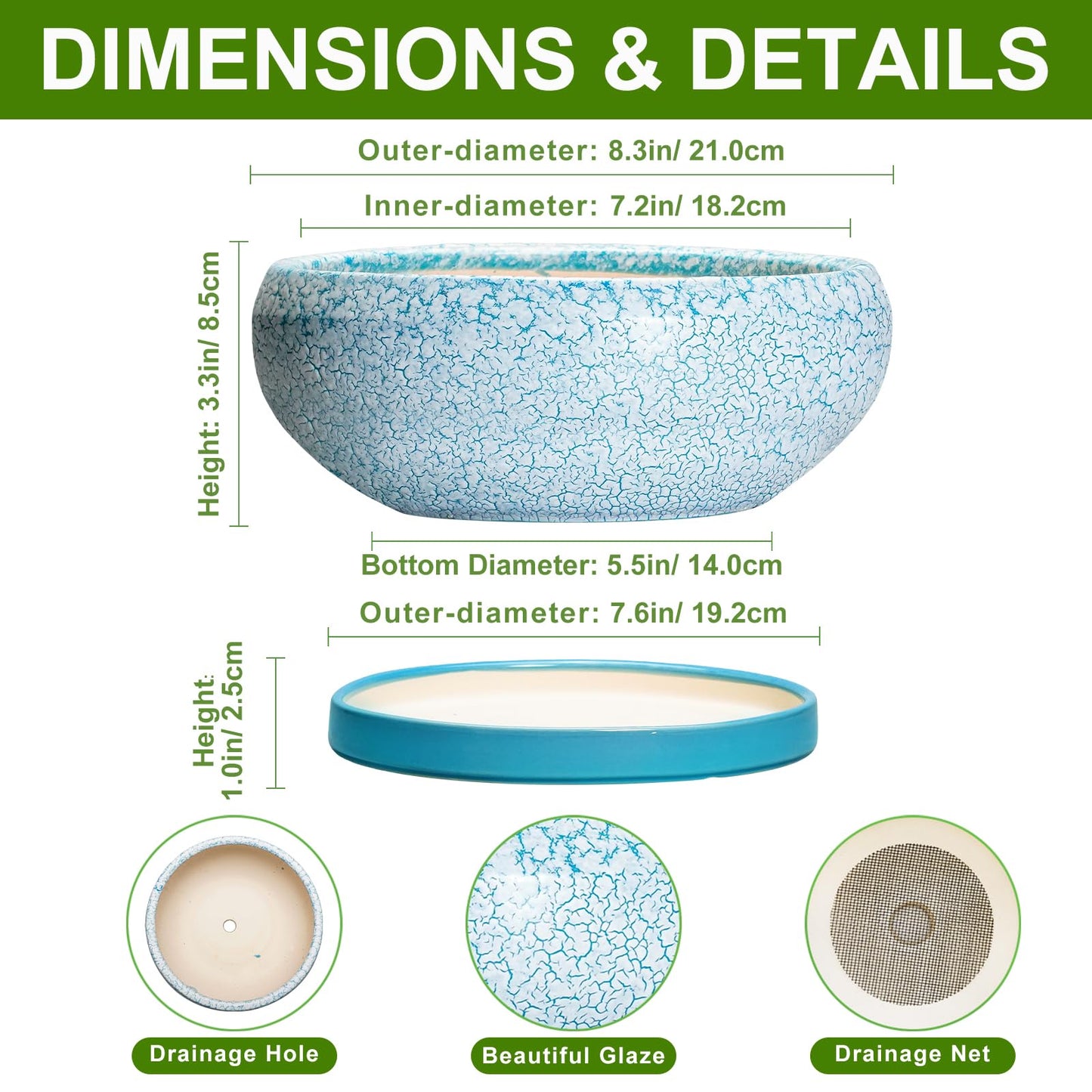 EPFamily Succulent Pots 8 Inch - Ceramic Bonsai Pots with Drainage Hole and Saucer, Succulent Planters for Indoor Plants Outdoor, Round Shallow Planter Bowl, Porch Decor, Gardening Gifts, Blue