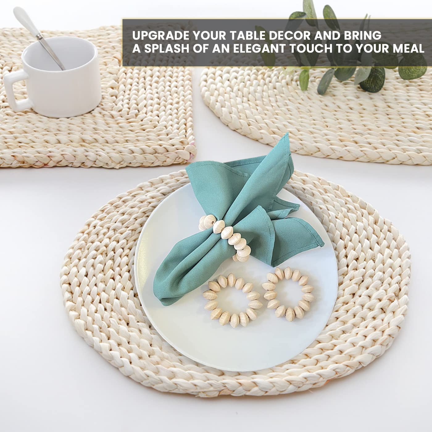 Napkin Rings Set of 6 - Wooden Beads Napkin Rings | Rustic Wooden Napkin Ring Holder for Table Decoration - Handmade LEBEJUA Napkin Ring with Wood Beads & Jute Twine - Farmhouse Holder for Napkins