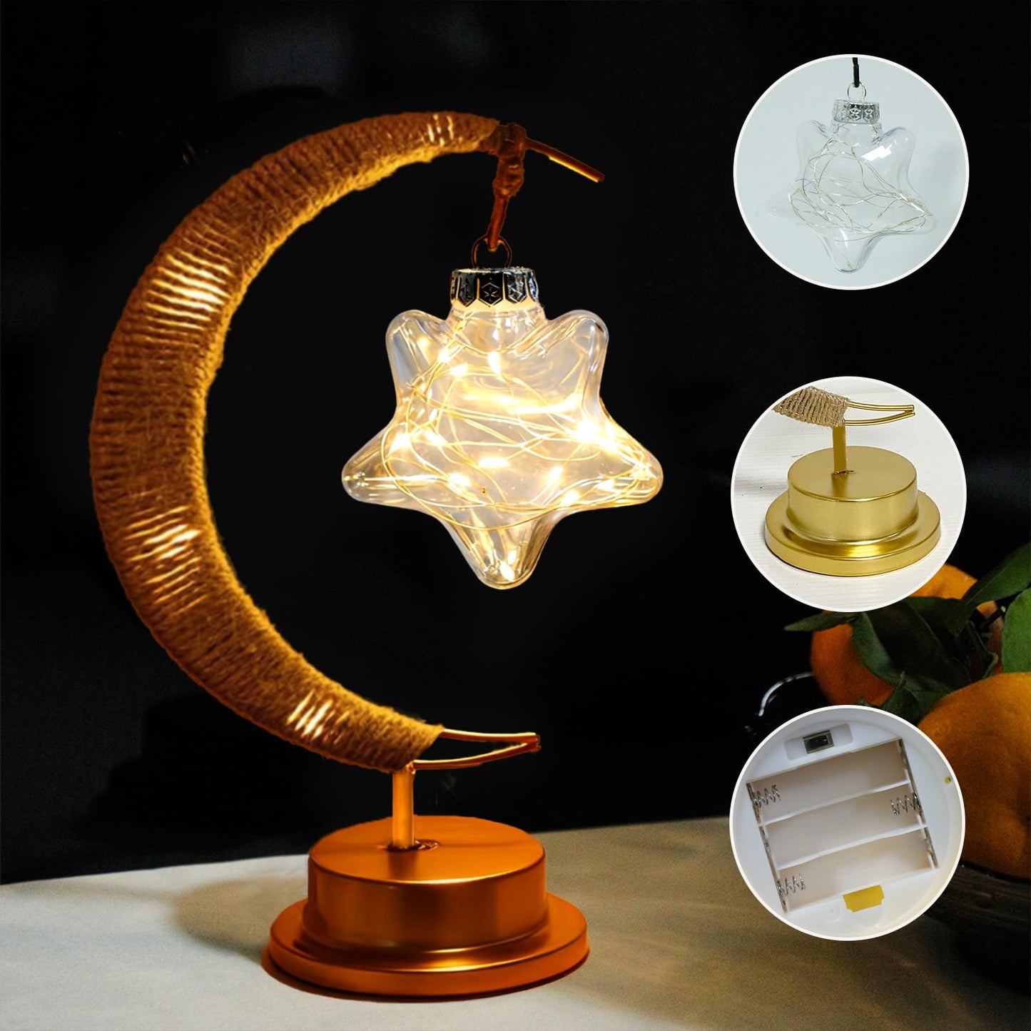 Taoushuleng Crescent Moon Table Light with Hanging Star Ramadan Decorative Atmosphere Lamp Battery Operated Suitable for Home Bedroom Shop Party Decoration (HGmoon-WW-Star)