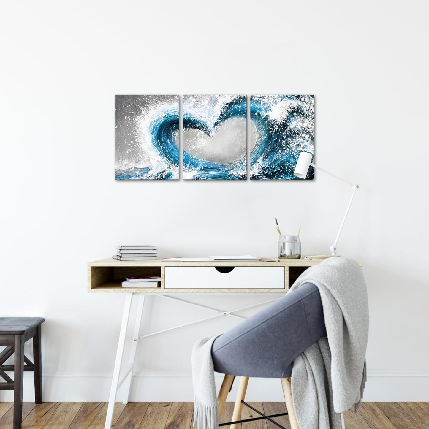 HOMEOART Bedroom Wall Art Ocean Wave Painting Love Sign Wall Decor Framed Artwork Bathroom Bedroom Living Room Decor (Blue)