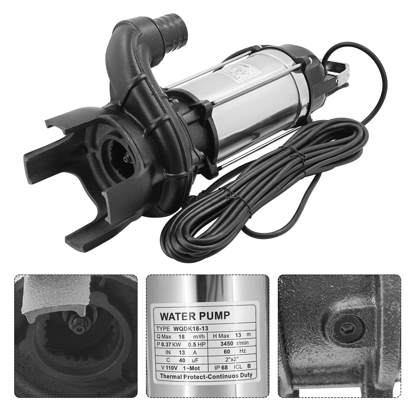 4PN 1/2 HP Submersible Sump Pump With Float Switch Replacement for Tsurumi Pump 4-PN 50PN2.4S Pond Waterfall Pump, Cast Iron and Stainless Steel, 4755 GPH, 2" Discharge, H Max 44ft