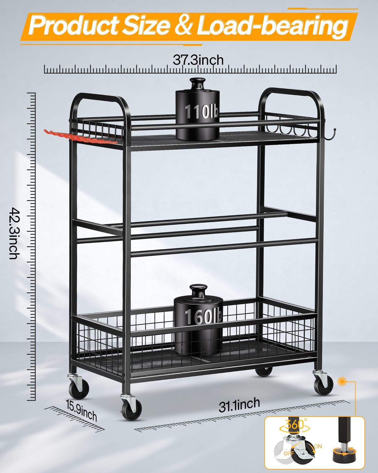 EXTCCT Ball Storage Sports Equipment Organizer - Garage Storage Cart Rolling Ball Storage Rack with Hooks Wheels Outdoor Indoor Gym Gear Toy Holder Bin for Basketball, Baseball, Soccer