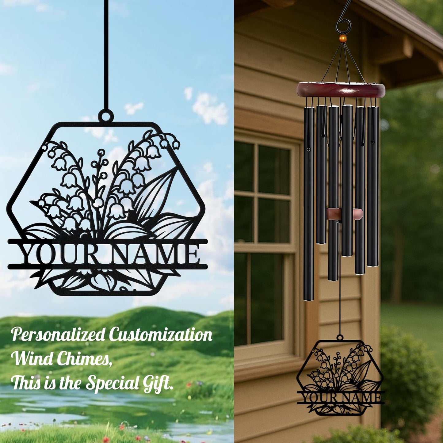 WindWink Personalized Customize Name Lily of The Valley Wind Chime, Metal Iron 37 Inch Outdoor Memorial Gift for Garden Yard Patio Home Florist Decor, Black,Mom Gift (Style G)