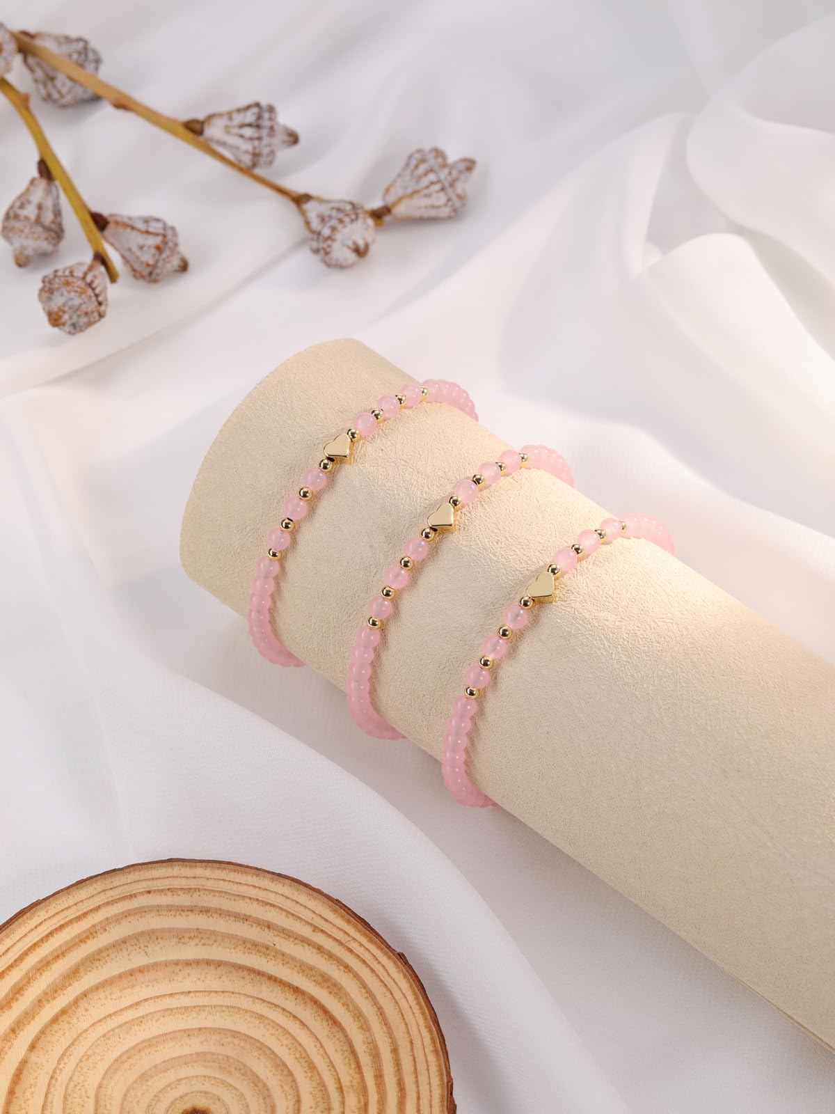 Top Plaza 2Pcs Natural Rose Quartz Green Aventurine Crystal Bracelets for Women 4mm Handmade Gemstone Beaded Bracelet Healing Crystal Yoga Meditation Gold Heart Charm Bracelet Jewelry Christmas Gifts