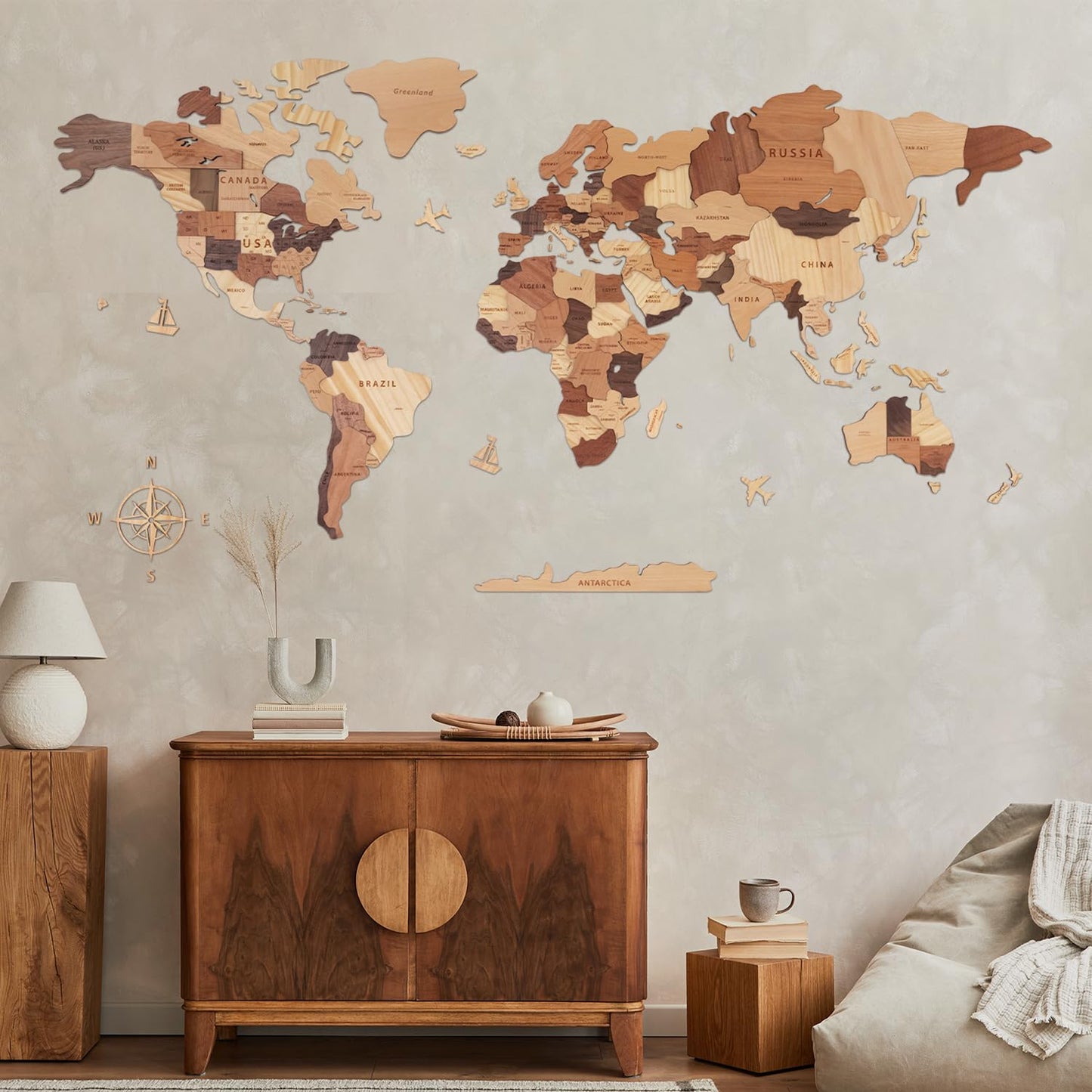 Handiwoo Wooden World Map 3D, Wood World Map Wall Art, Multilayered Wooden Map of The World Wall Decoration, Idea Housewarming Gift Large Wood Travel Map for Home & Office Décor (XL)