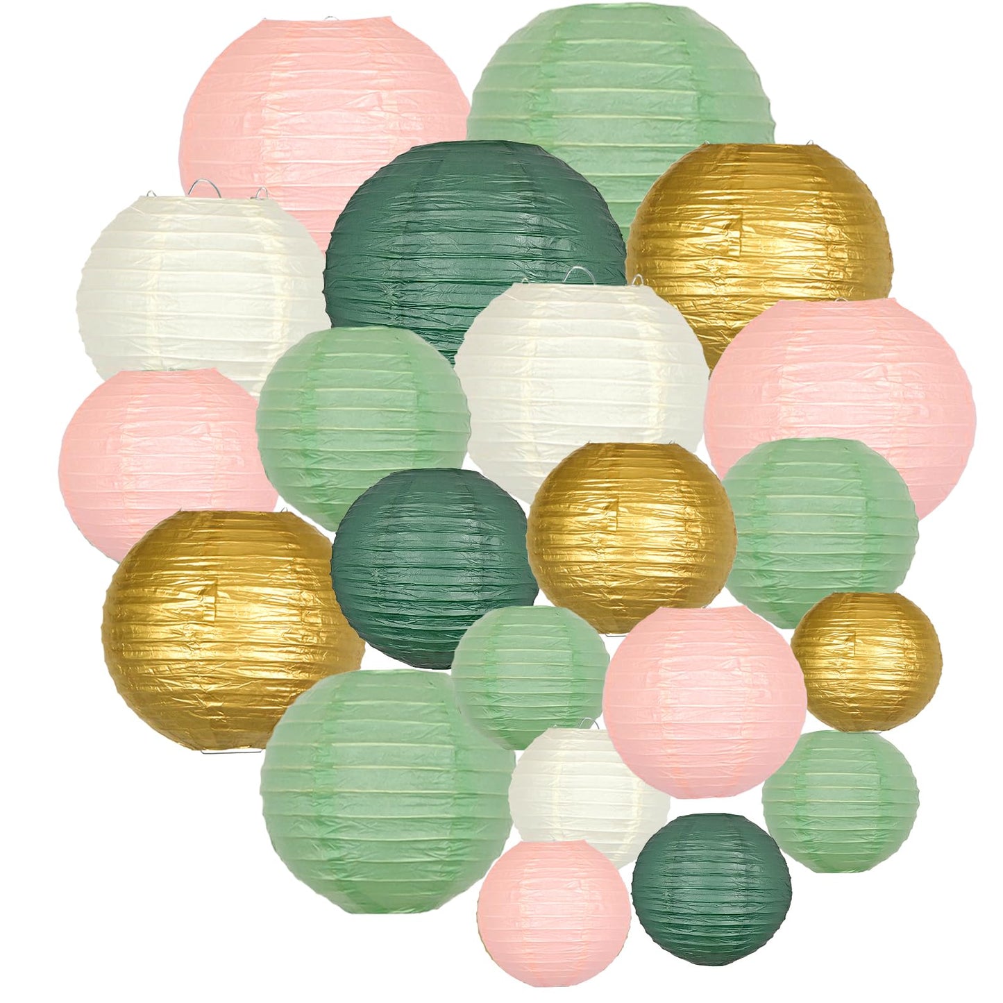 ADLKGG Paper Lanterns Decorative, Hanging Paper Lantern Decorations for Valentines Day Decorations Graduation Wedding St. Patrick's Day Neutral Baby Shower Home Decor Sage Green/Pink/Gold 21pcs