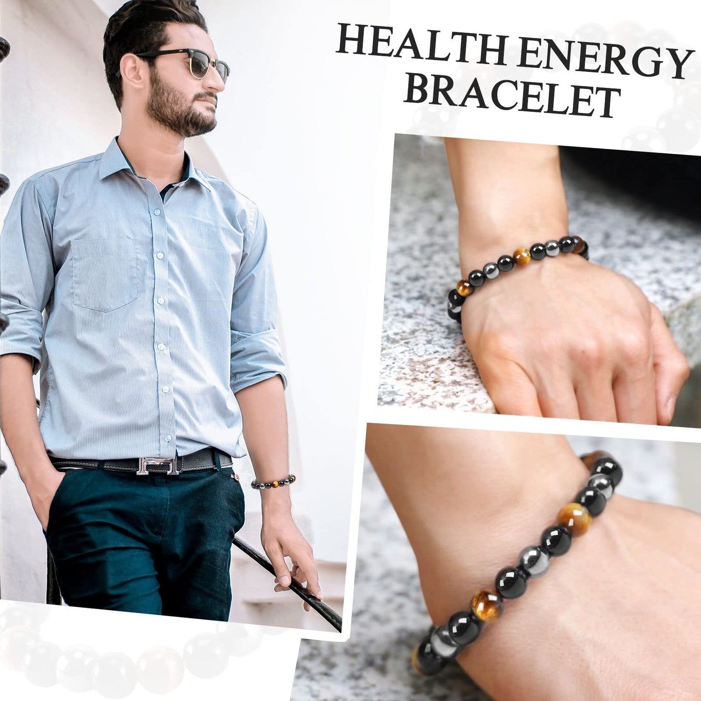Denchy Triple Protection Bracelet, Tigers Eye - Black Obsidian and Hematite Beaded Bracelets for Men Women, Tourmaline Spiritual Natural Crystal Stone Luck Bracelet, Birthday Mother's Day Gift (8mm)