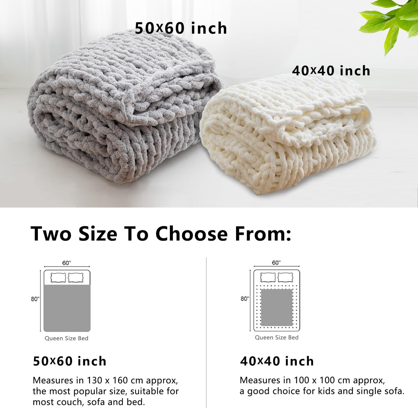 WESHIONGOO Chunky Knit Blanket Throw 40"×40" Knitted Throw Blankets for Couch Bed Fluffy Soft Blanket with Jumbo Chenille Yarn Thick 100% Handmade (Cream White)