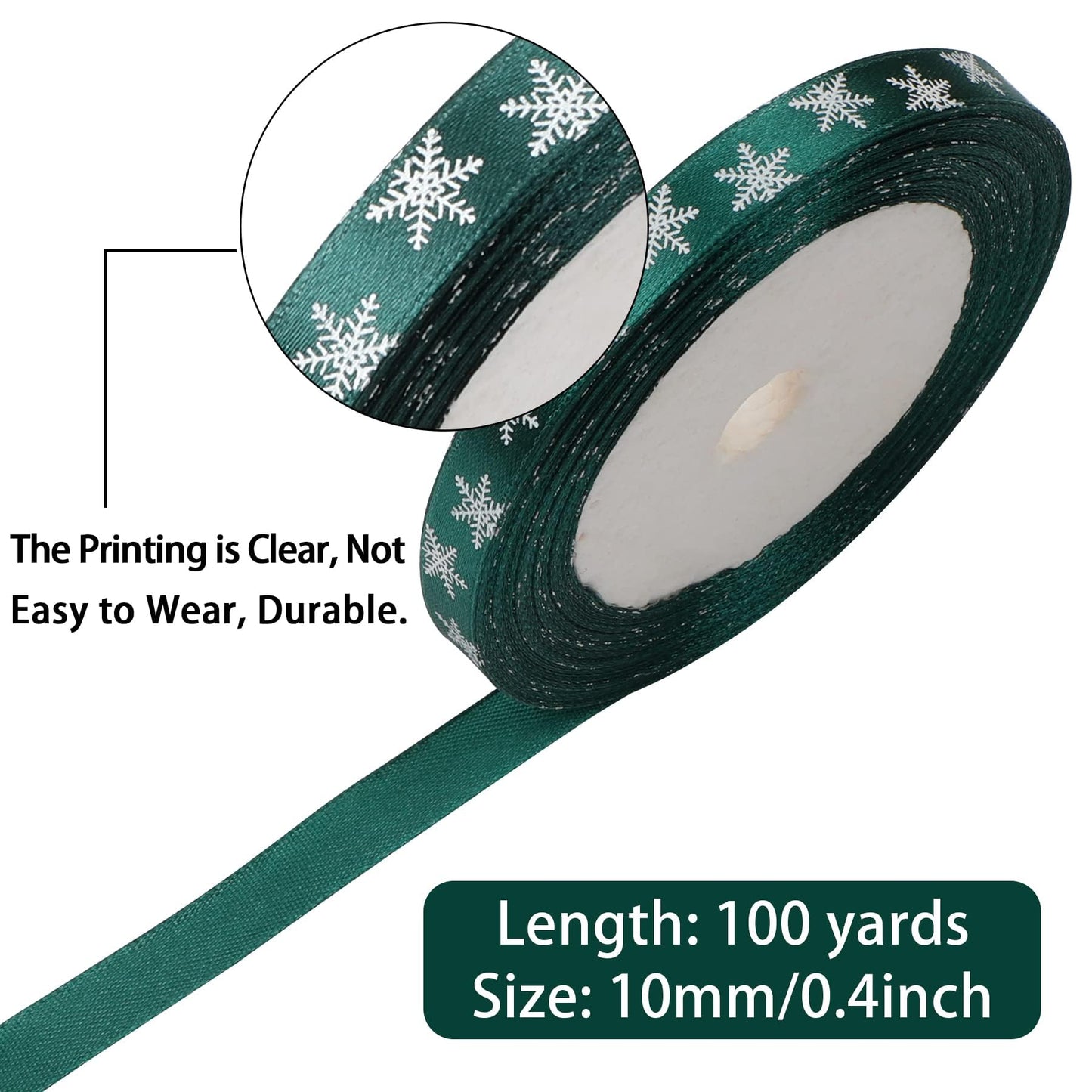 4 Rolls 100 Yards Christmas Snowflake Ribbons for Gift Wrapping, 10mm Wide Red and Green Satin Ribbon for Festival Holiday Party Decorations DIY Crafts