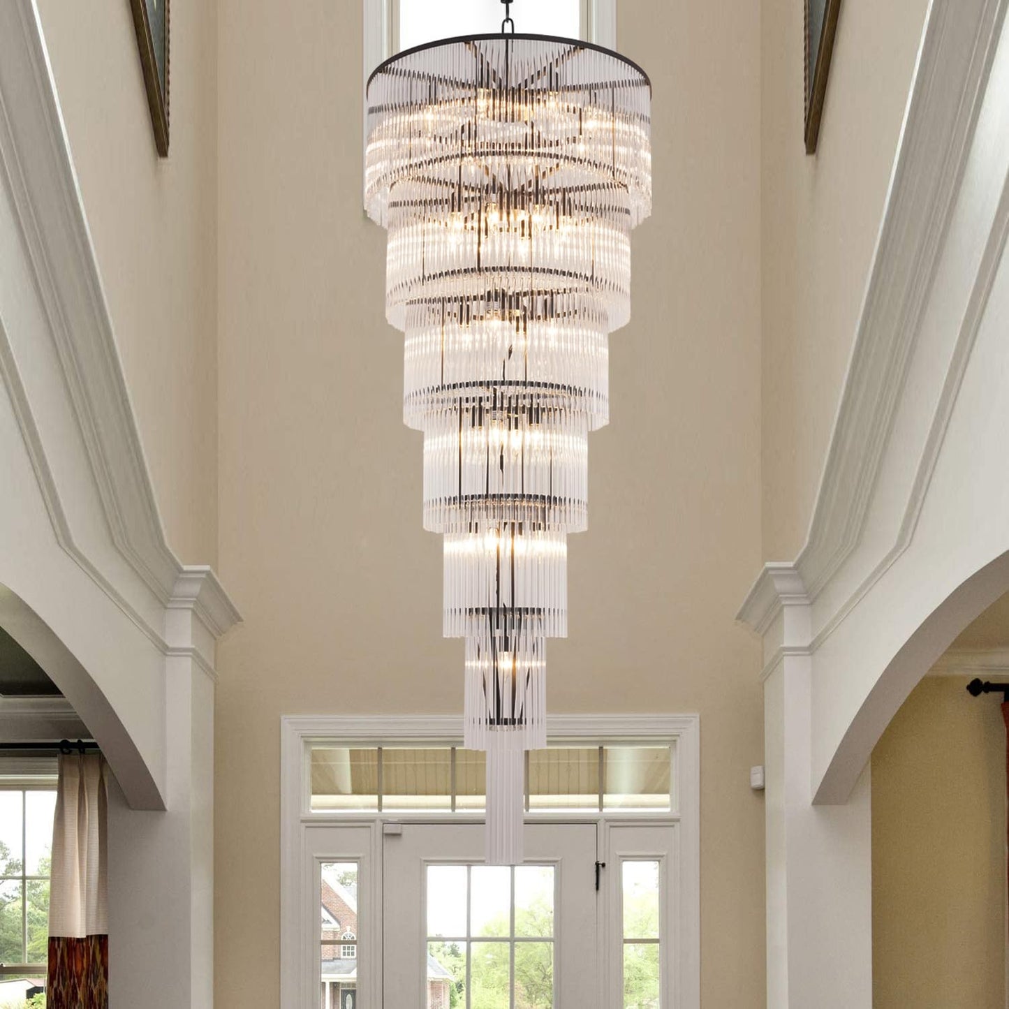 Akeelighting Black Glass Chandeliers for High Ceiling, 7-Tier Glass Rod Chandelier H71 Modern Foyer Entryway Ceiling Light Fixture for Staircase Living Room Entry Extra Long