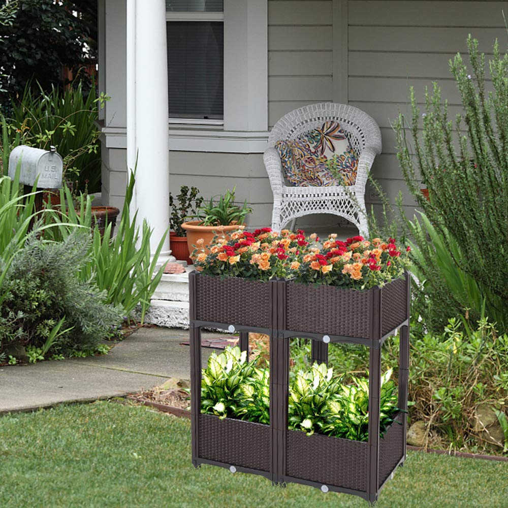Planter Raised Beds Kits Set of 4, Plastic Elevated Garden beds with Brackets for Flowers Vegetables, Outdoor Indoor Planting Box Container for Garden Patio Balcony Restaurant, Easy Assembly (Brown)