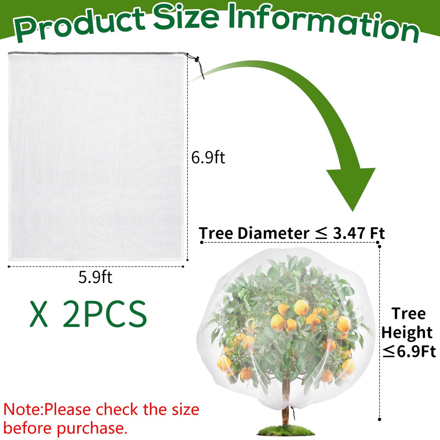 2PCS Fruit Tree Netting with Drawstring, 7 x 6ft Ultra-Fine Mesh Garden Insect & Bird Protection Cover, Breathable Reusable Tree Netting for Citrus, Apple, Peach & Shrubs