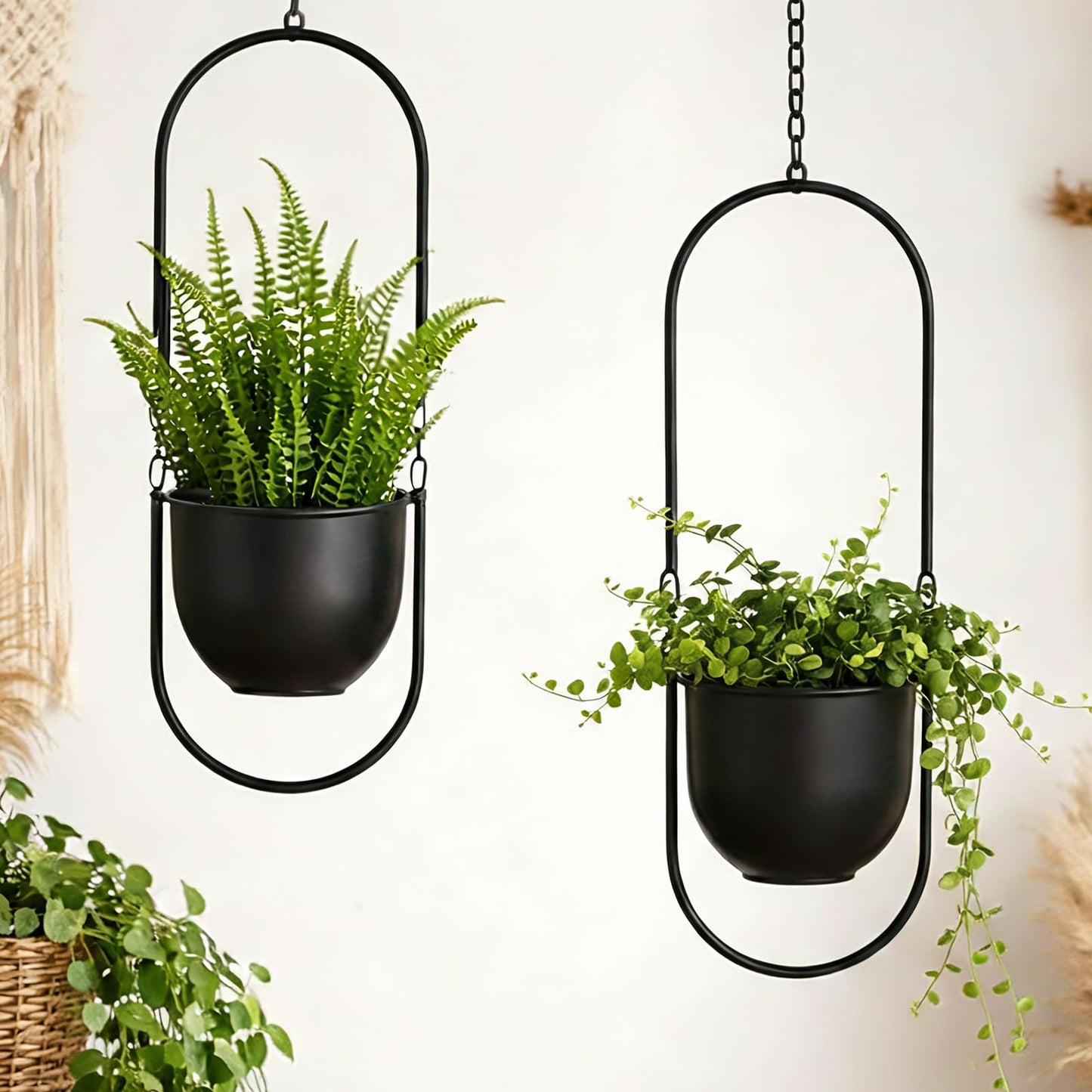 Fumete 2 Set Black Hanging Planters with Chains Metal Plant Hanger Wall Mounted Iron Flower Pot Holder for Indoor Outdoor Plants, Planting Ivy and Fern for Window Porch Balcony and Home Decor