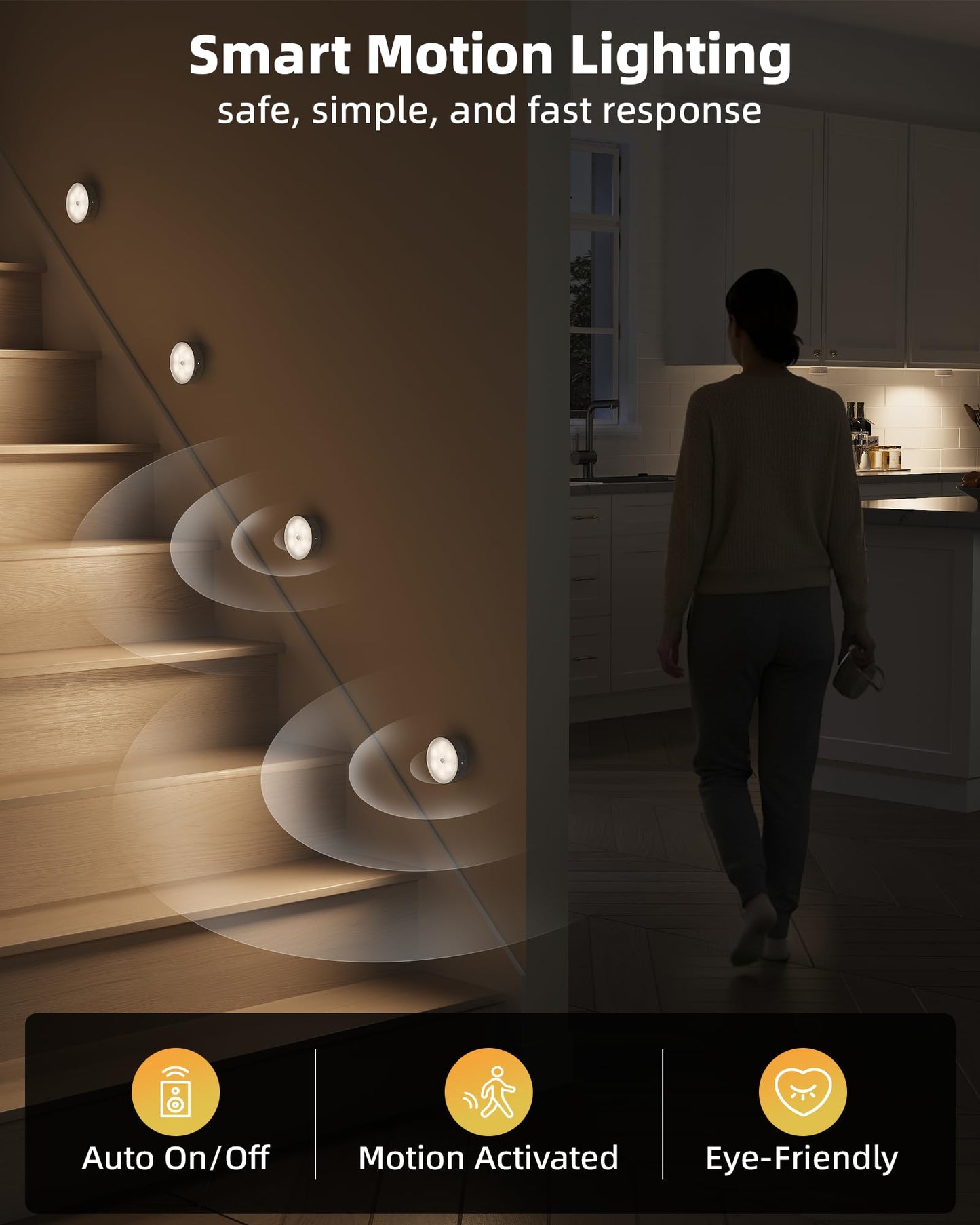 EZVALO 4 Pack Motion Sensor Closet Lights, 1200mAh USB-C Rechargeable LED Puck Lights, Under Cabinet Lights, Night Lights, Dimmable, 3 Color Temps, Magnetic, Stick-On for Closet, Stairs, Cabinets
