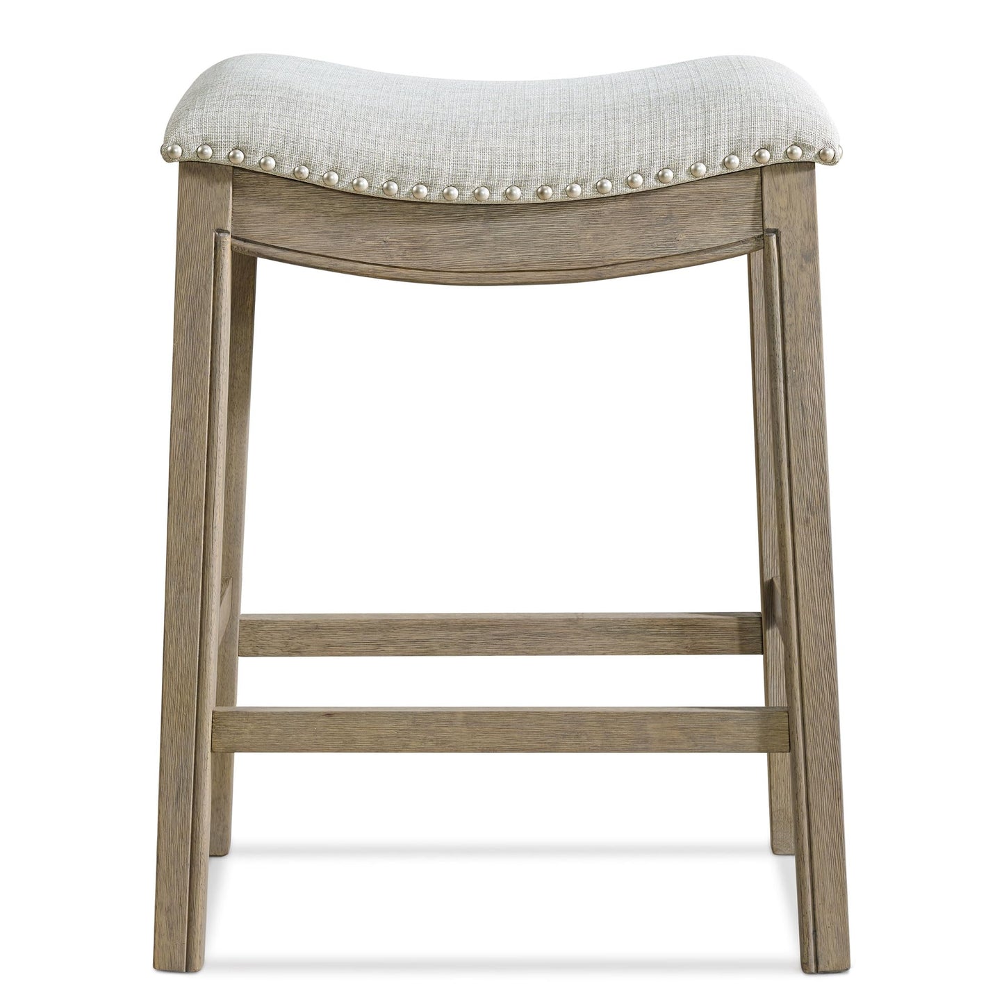 ROME + OAK Parker 26 Inch Counter Stool, Backless Saddle Kitchen Barstool in Reclaimed Oak Finish with Ash Grey Fabric Upholstery Cushion Seat