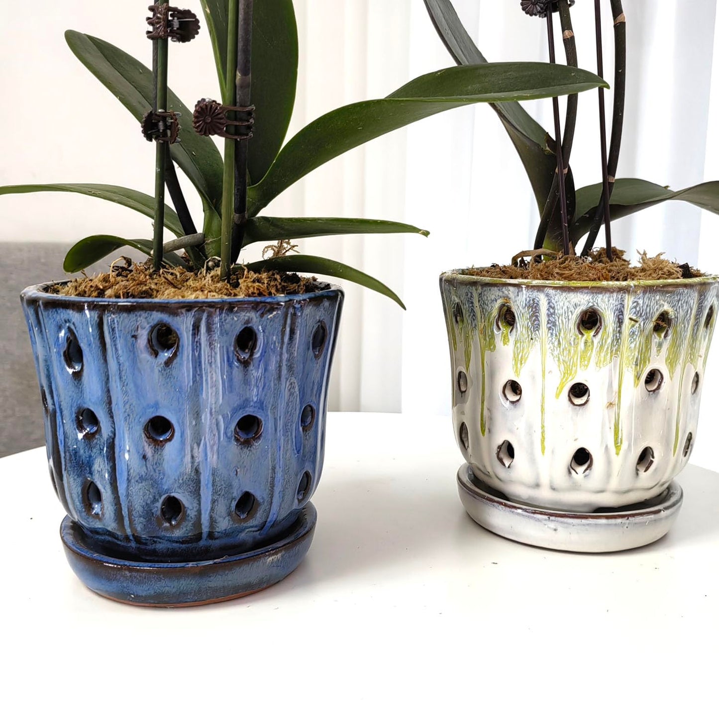 Grdthzey Orchid Pots 4.9 inch Round Ceramic Orchid Pots with Holes Set of 2 (SkyBlue+White with Lemon Green)