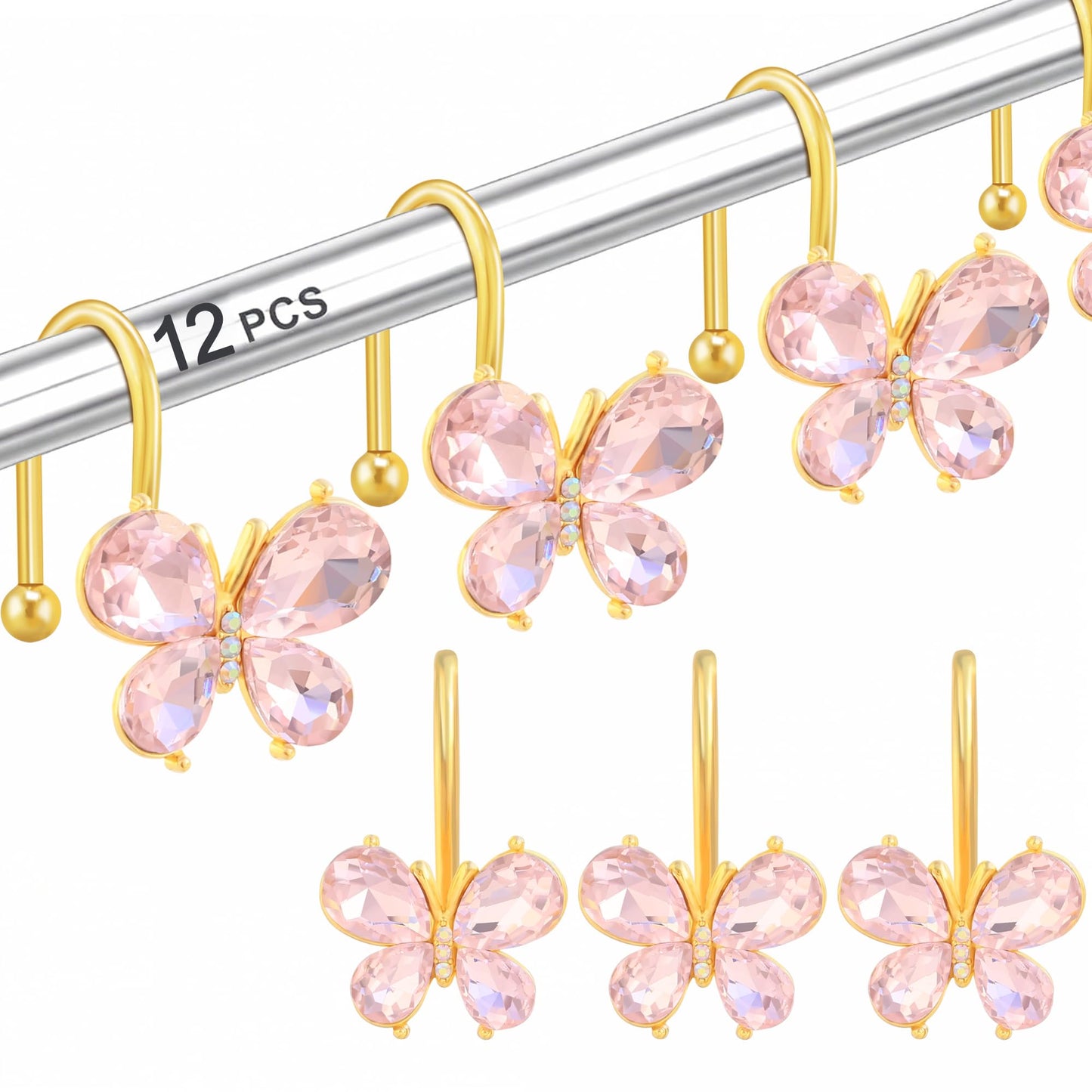 LUMITI Shower Curtain Hooks,12Pcs Rust Resistant Glitter Crystal Butterfly Metal Decorative Shower Rings Hangers for Bathroom Curtains, Clothing, Towels (Pink)
