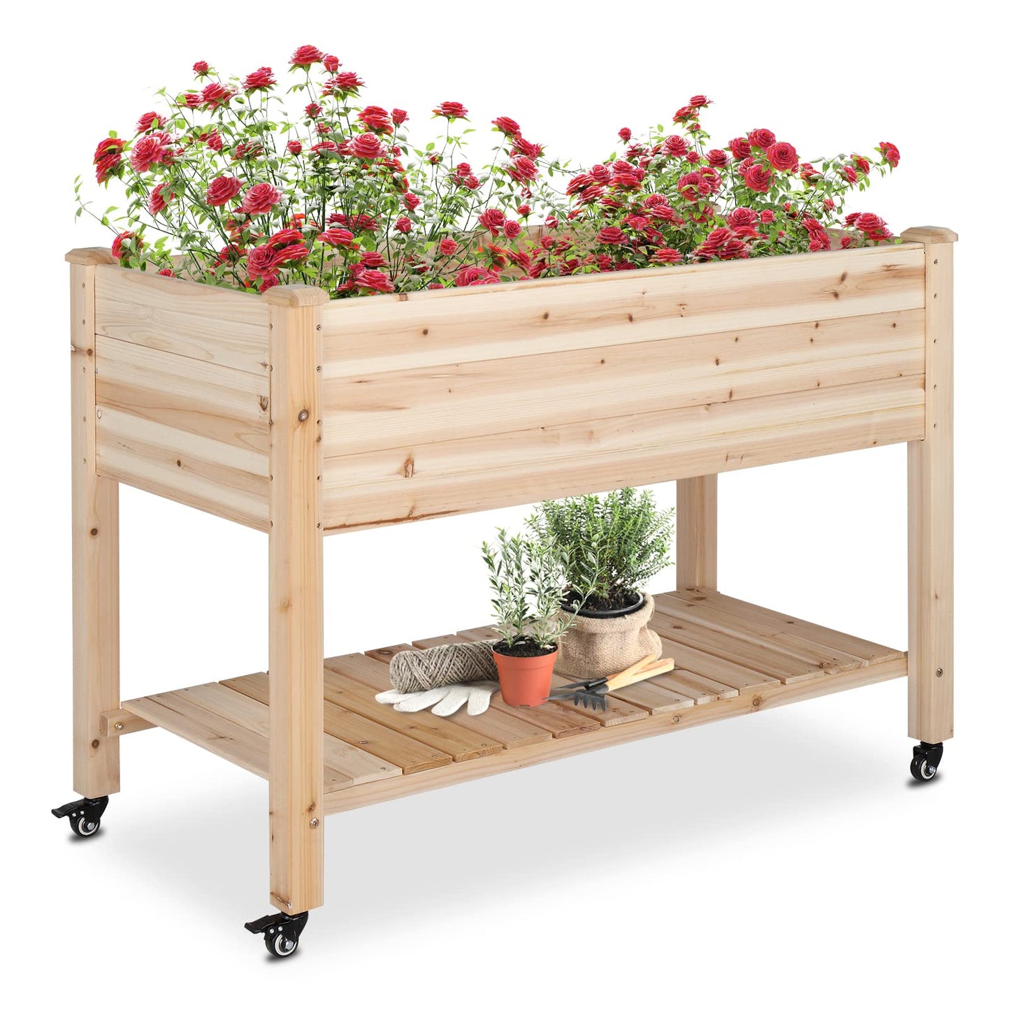 VINGLI 46×22×32 in Raised Garden Bed with Bed Liner, Heavy Duty Wood Elevated Planter with Legs for Vegetables Fruits Potato Onion Flower, Outdoor Sturdy Long Lasting Planter Box Kit (with Wheels)
