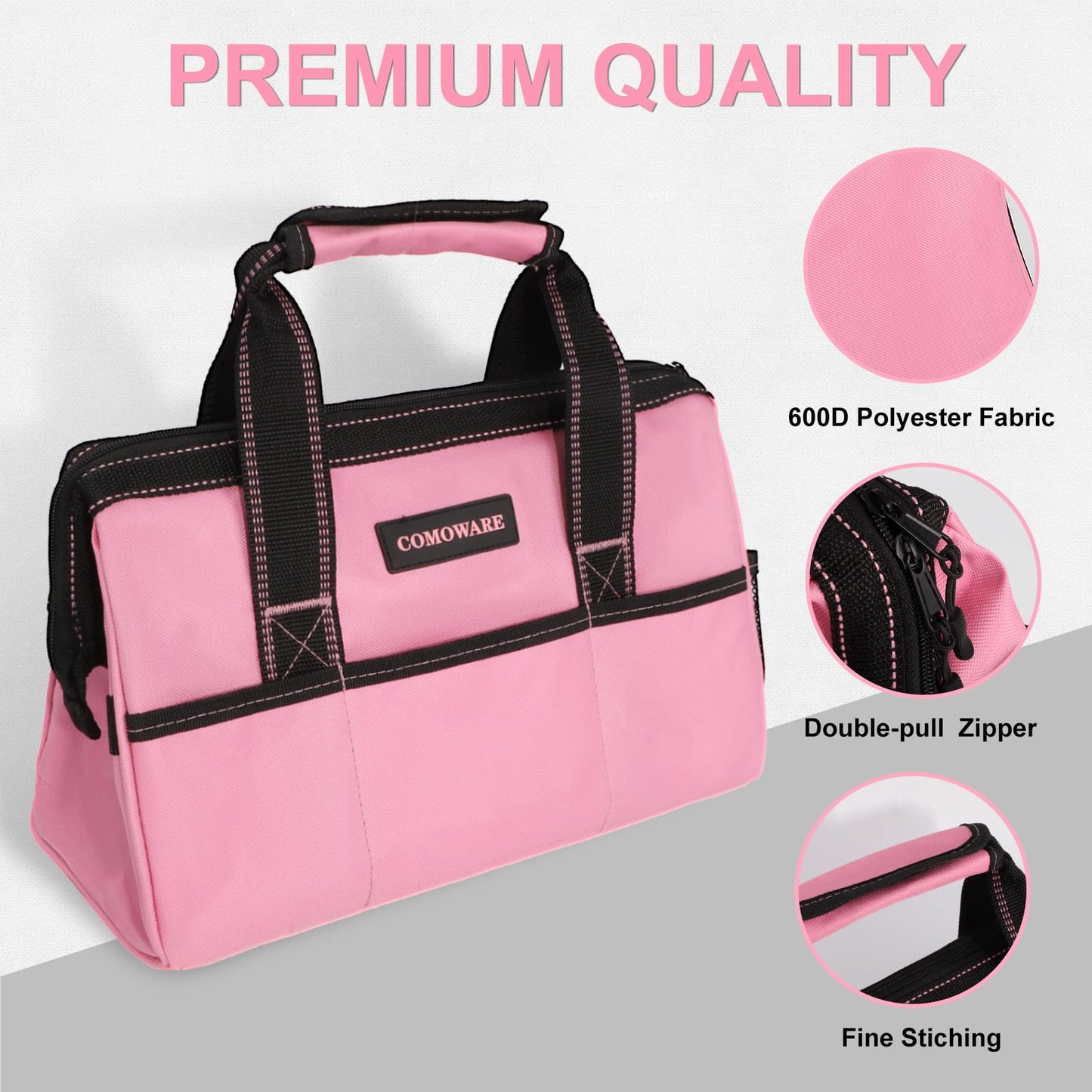 COMOWARE 13-Inch Tool Bag, Pink Soft Storage Bags with Inside Pockets, Wide Mouth Pink Tool Tote Bag