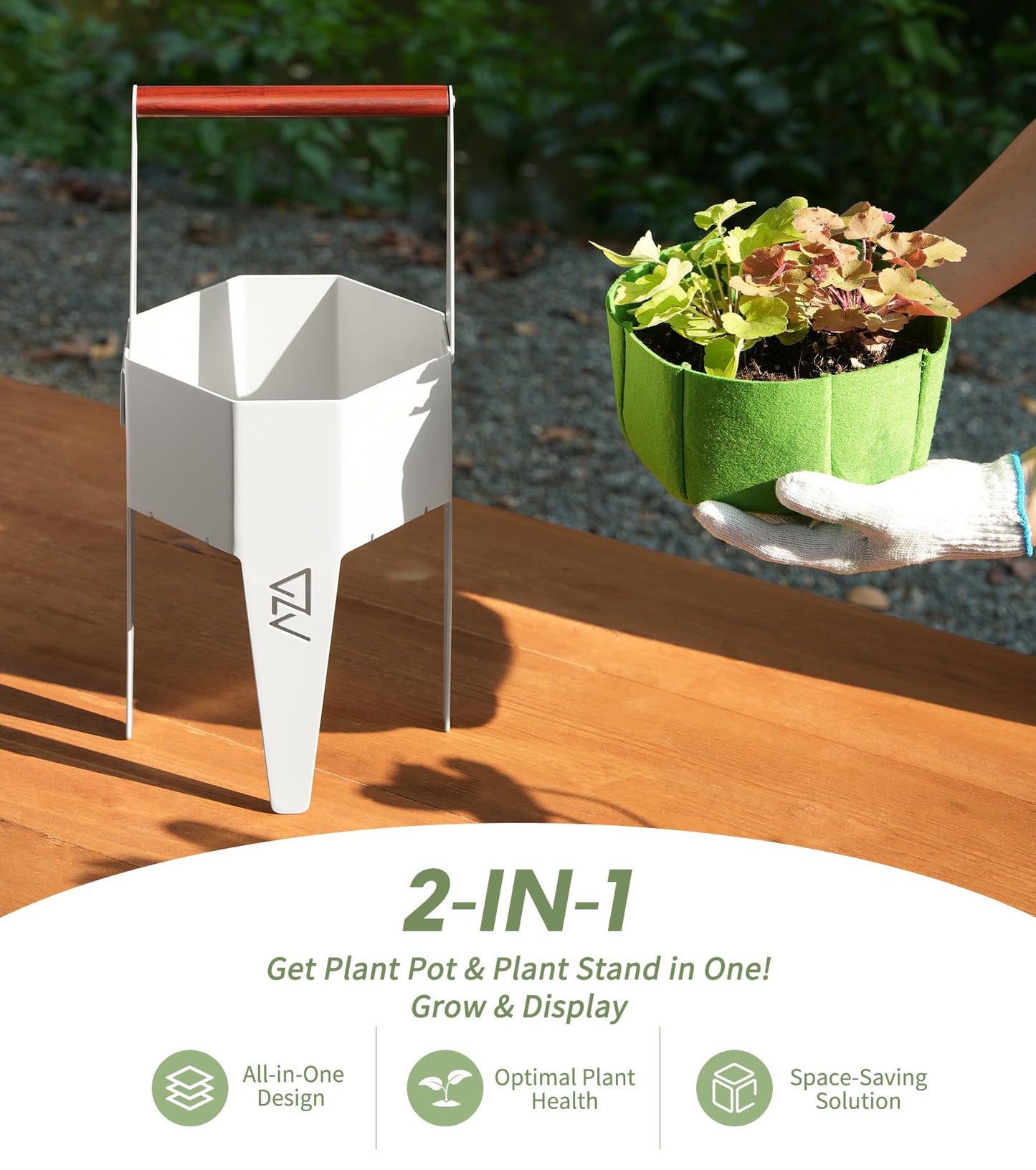 AZADESJET Planter with Stand, Metal 2 in 1 Portable Planter with Grow Bags & Handle, Stable Stylish Indoor Plant Pots with Stand, Modern Flower Pots Outdoor, 7.5'' x 17.3'', White, Plant Not Included