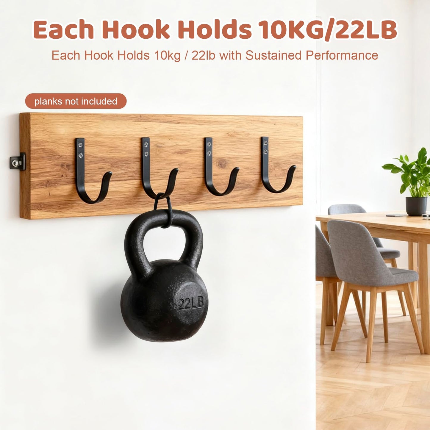 Wall Hooks for Hanging, Large Coat Hooks Wall Mount, Heavy Duty Screw in Metal Hooks for Wall (22LB), Towel Hooks for Bathrooms, Door, Mudroom, Backpack, Clothes, Closet, Purses, Black, 4 Pack