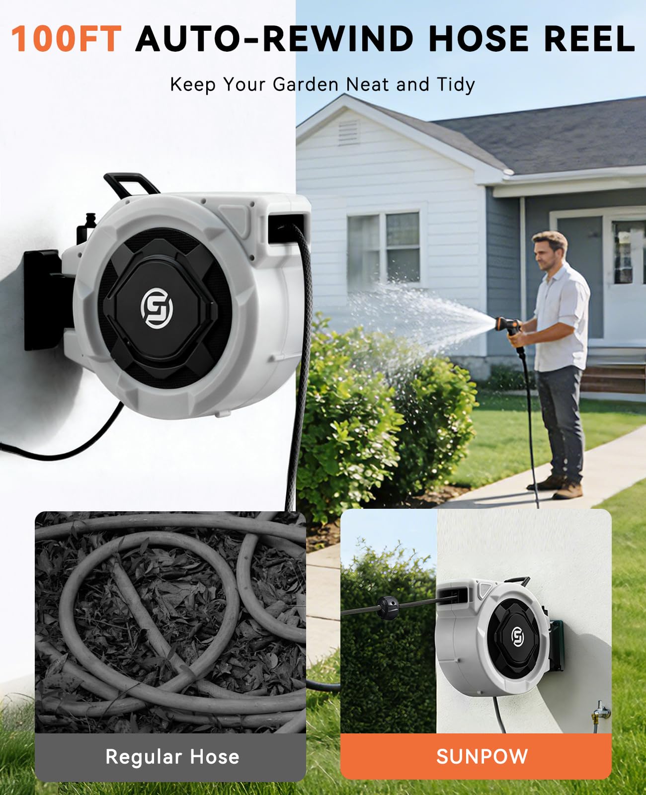 SUNPOW Retractable Garden Hose Reel - 1/2" x 100ft Wall Mounted Hose Reel with 3/4'' Brass Fitting & 10-Pattern Nozzle - Auto Slow Retraction, Any-Length Lock, 180°Swivel for Lawn & Gardening