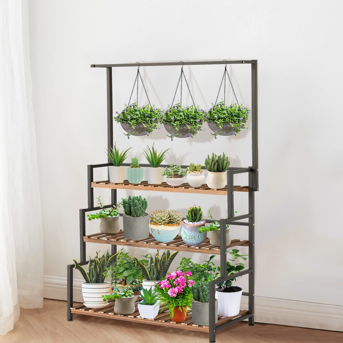 ULIKE Plant Stand Outdoor Indoor Hanging Plant Shelf for Multiple Plants 3 Tier Tall Plant Stand Wood Rack with Metal Frame for Patio Garden Balcony