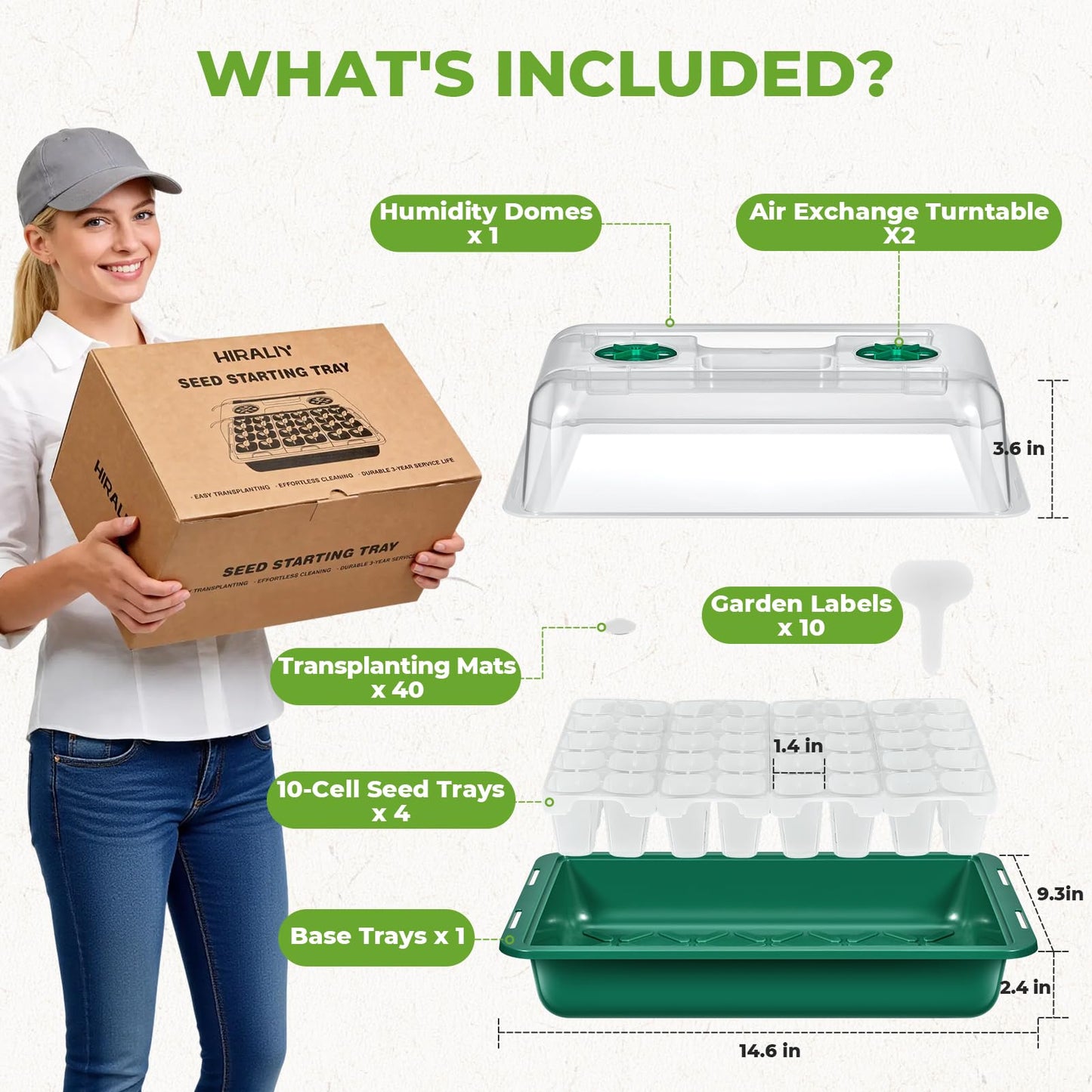 HIRALIY Seed Starter Tray Kits, Reusable Plant Germination Trays, Easy Transplanting, with Humidity Domes and Bases (Green, 40-Cells)