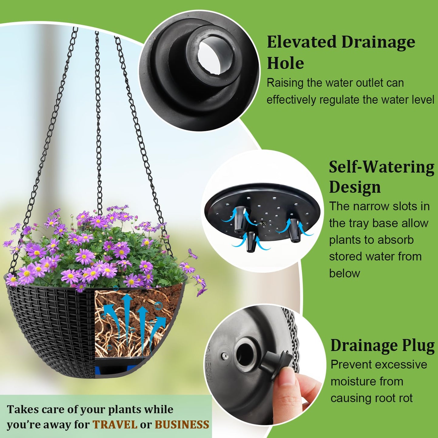 RooTrimmer Hanging Planters for Indoor Outdoor Plants 8 and 10 Inch, 4 Packs Hanging Flower Pot with Drainage Holes, Self-Watering Hanging Basket Perfect for Home, Office and Garden, Black
