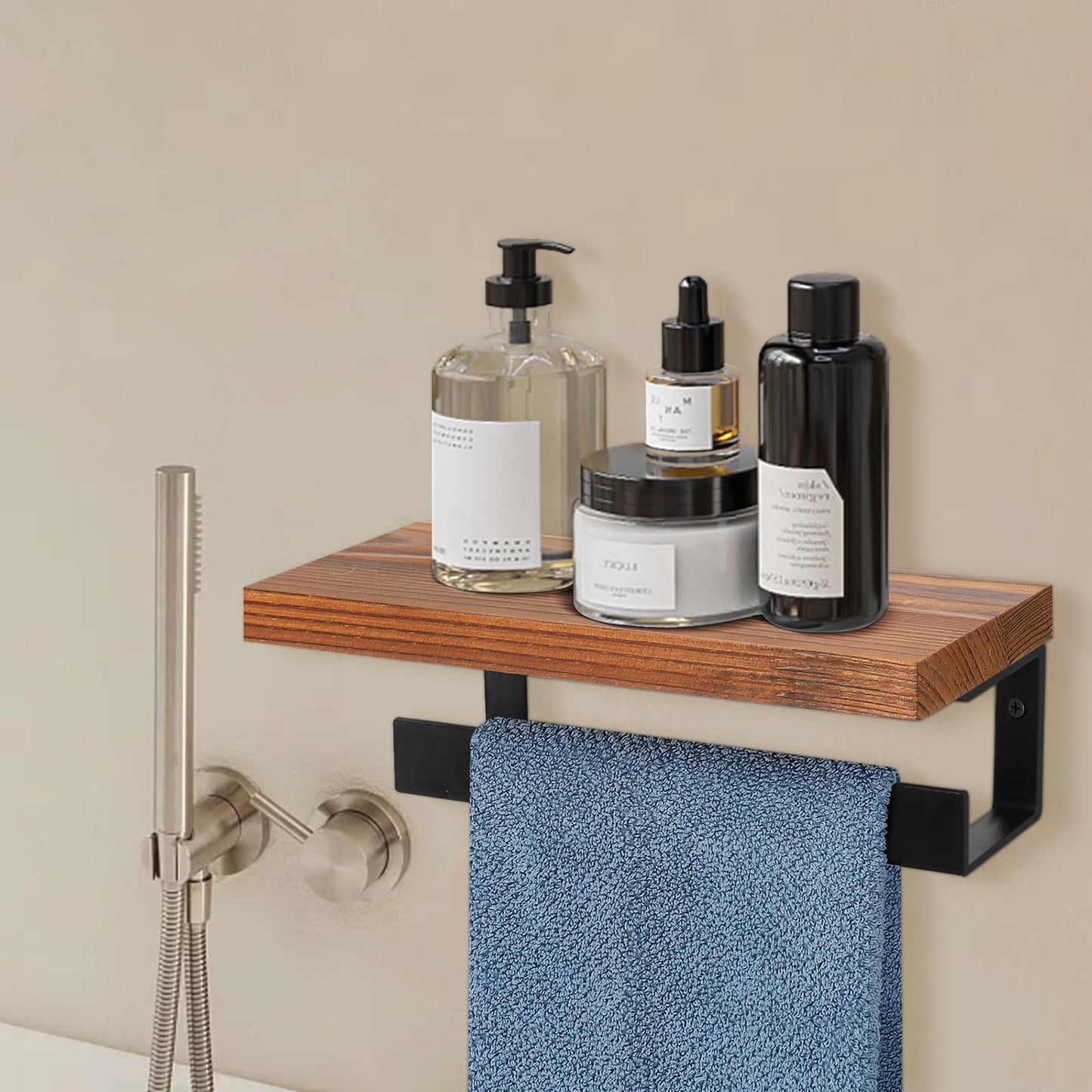 Winmien Hand Towel Holder/Towel Ring with Wooden Shelf, Hand Towel Rack, Hand Towel Hanger for Bathroom, Bath Accessories Wall Mounted, Matte Black (9"-Squ Shaped)
