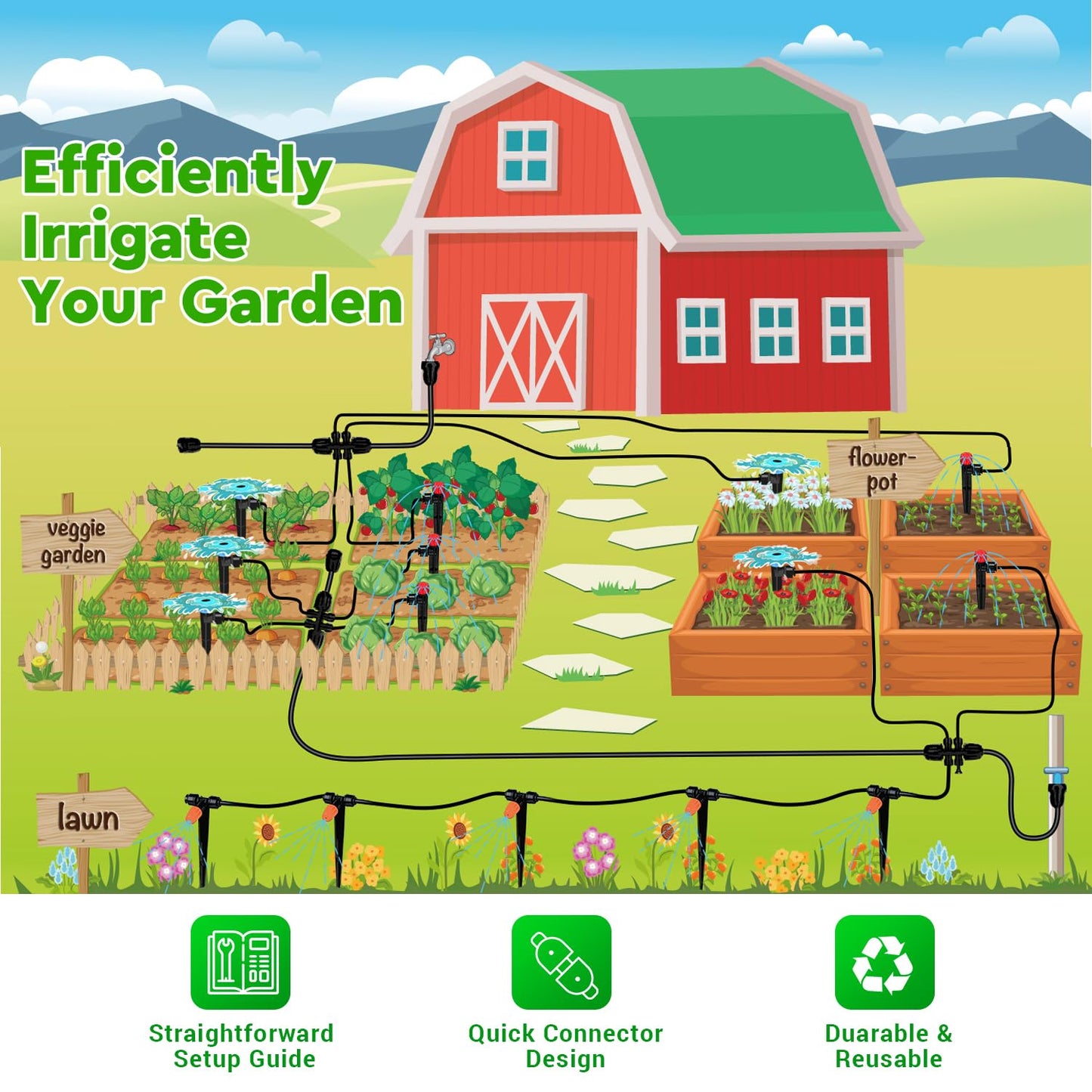 223FT Drip Irrigation Kit, Drip Irrigation System Kit with Adjustable Misting Nozzle Sprinkler, Tubing and Connectors, Watering for Garden, Flower Beds, and Potted Plants