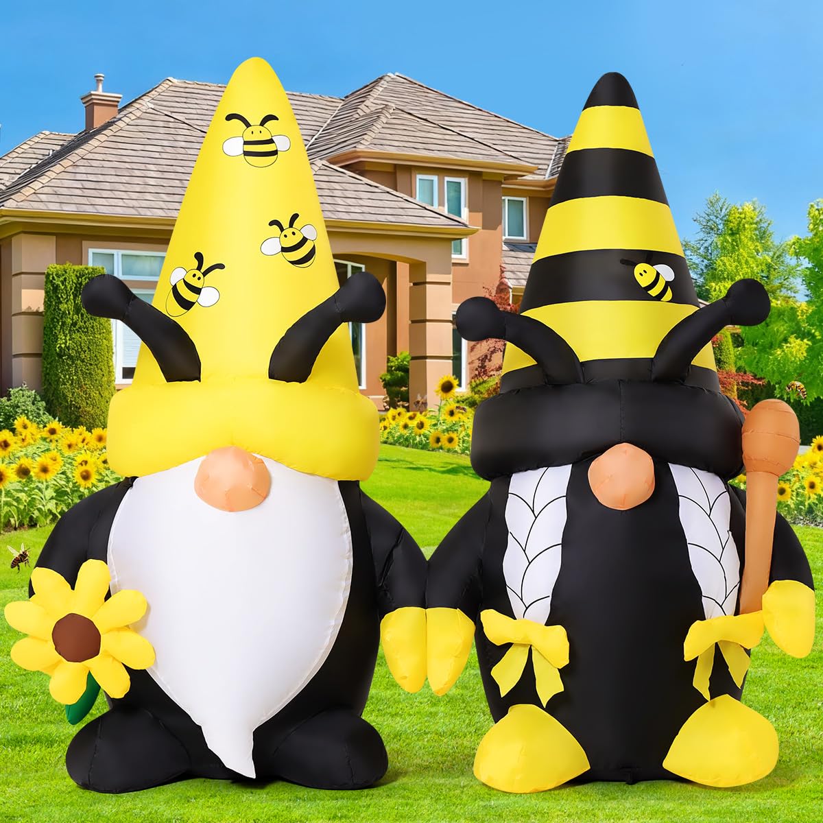 GOOSH 6 FT Long Spring Inflatables Gnomes Decorations Blow Up Yard with Bees and Sunflower Built-in LEDs for Garden Lawn Indoor Party Decor