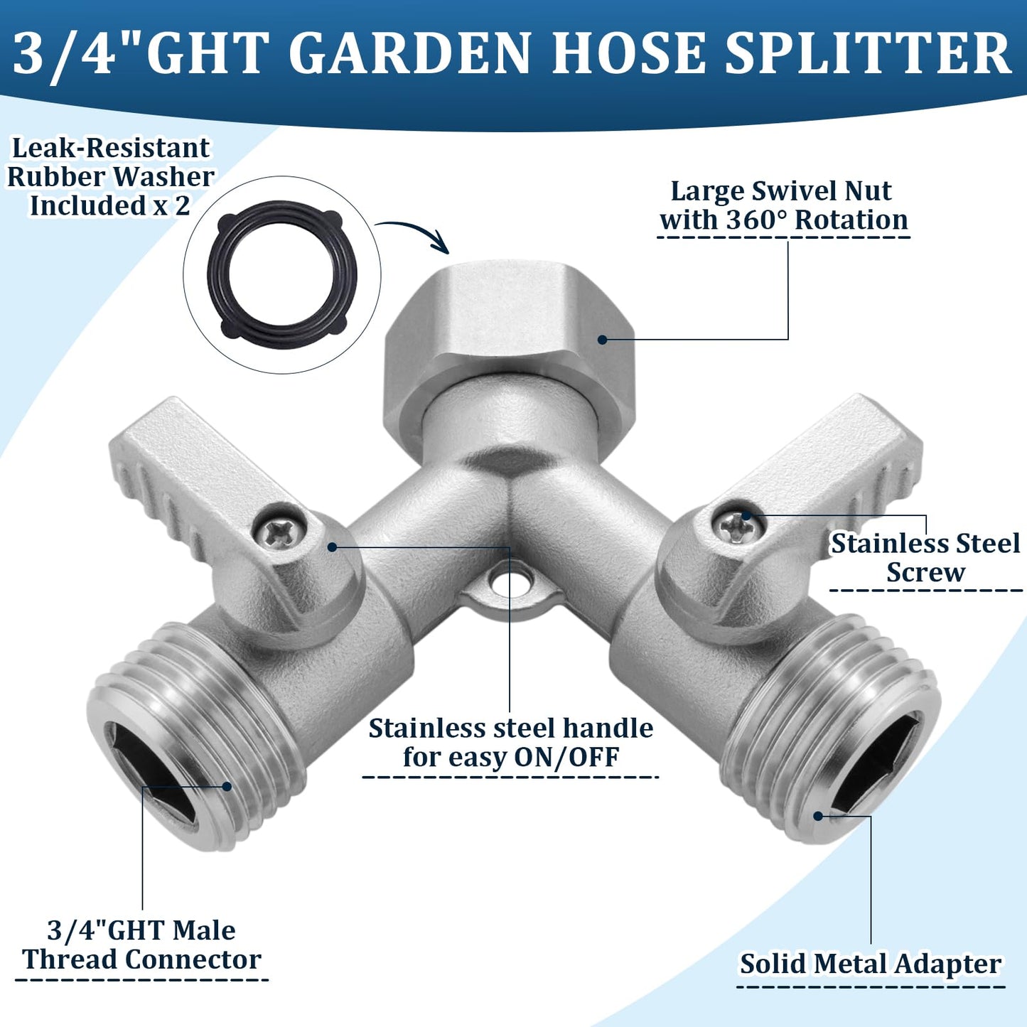 Garden Hose Splitter 2 Way Heavy Duty, 304 Stainless Steel 2Way Hose Splitter, 3/4 Inch Water Hose Splitter 2 Way, Full Flow Garden Hose Y Splitter(All Components are Stainless Steel)