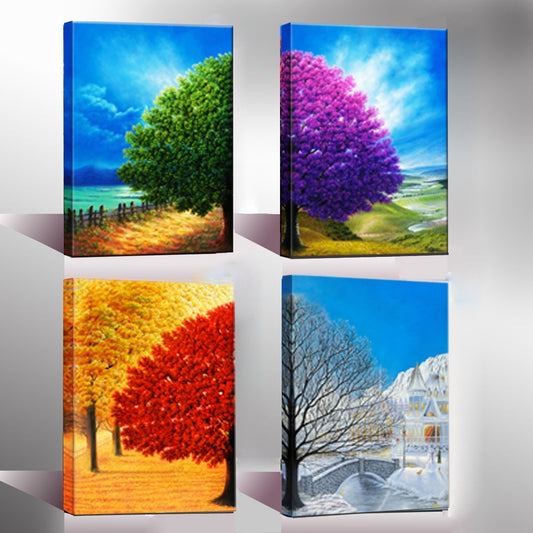 Wieco Art Four Change Seasons Trees Canvas Prints Wall Art by Oil Paintings Style Pictures for Living Room Bedroom Home Decorations 4 Piece Modern Gallery Wrapped Contemporary Colorful Giclee