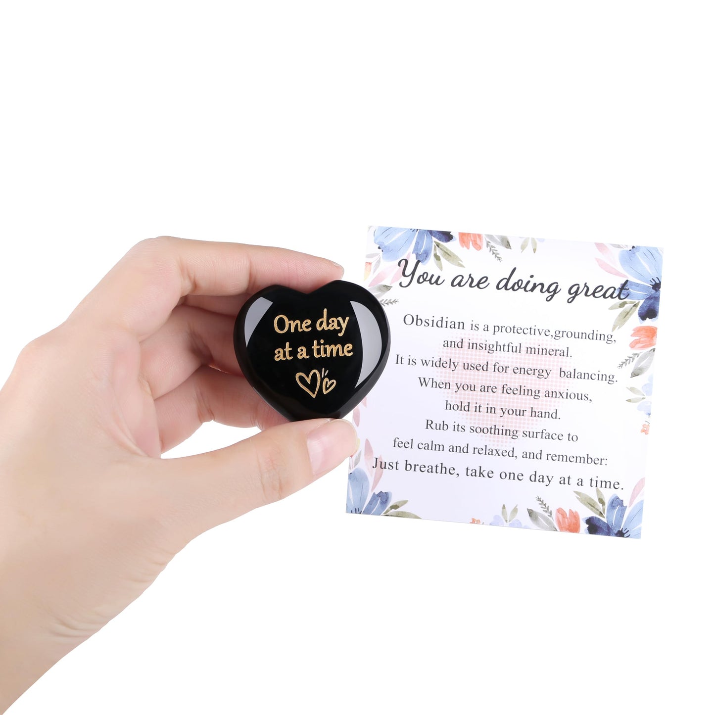 QINJIEJIE Black Obsidian One Day at A Time Heart Worry Stones Healing Crystal Thinking of You Gifts for Anxiety Relief Items You Got This Inspirational for Friend Encouragement Gift for Women Men