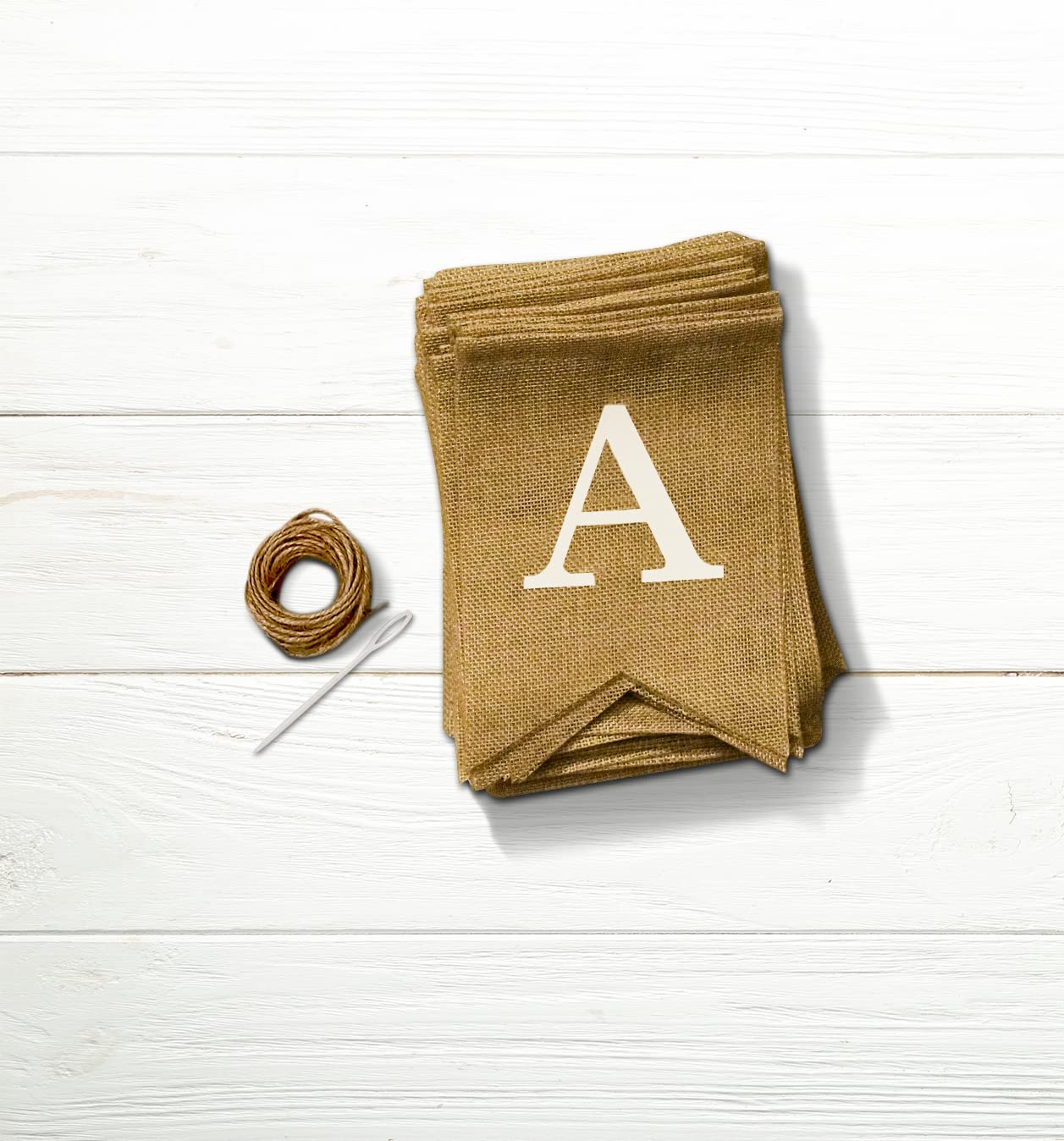 Pre-Printed Banner Kit – 97 BURLAP Flags with WHITE Letters, Numbers & Symbols, Reusable DIY Custom Banner, Make Your Own Personalized Party Banner, Faux Burlap, Includes Twine & 2 Needles