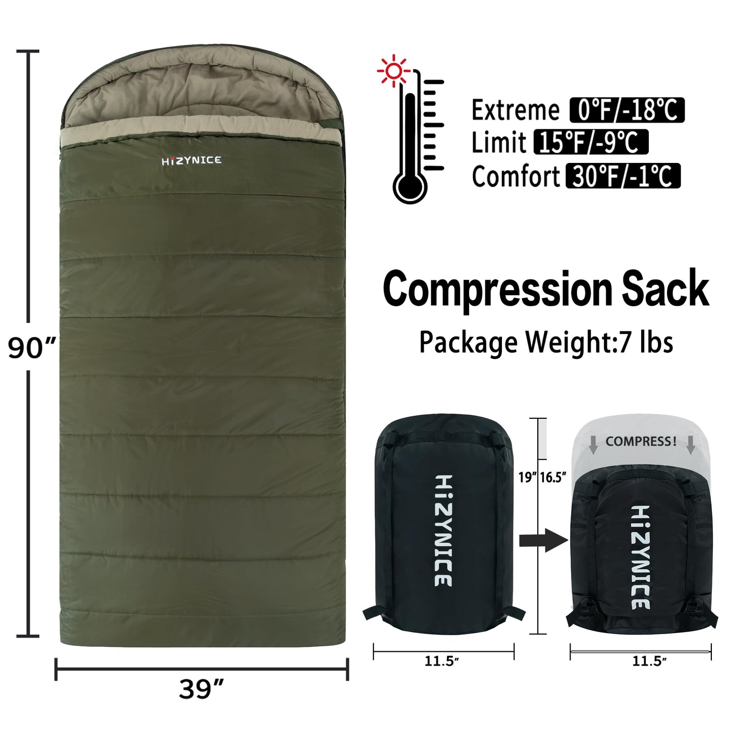 HiZYNICE 0 Degree Sleeping Bags for Adults Winter Camping Cold Weather XXL Wide Long.Green Right Zip.Compression Sack Included