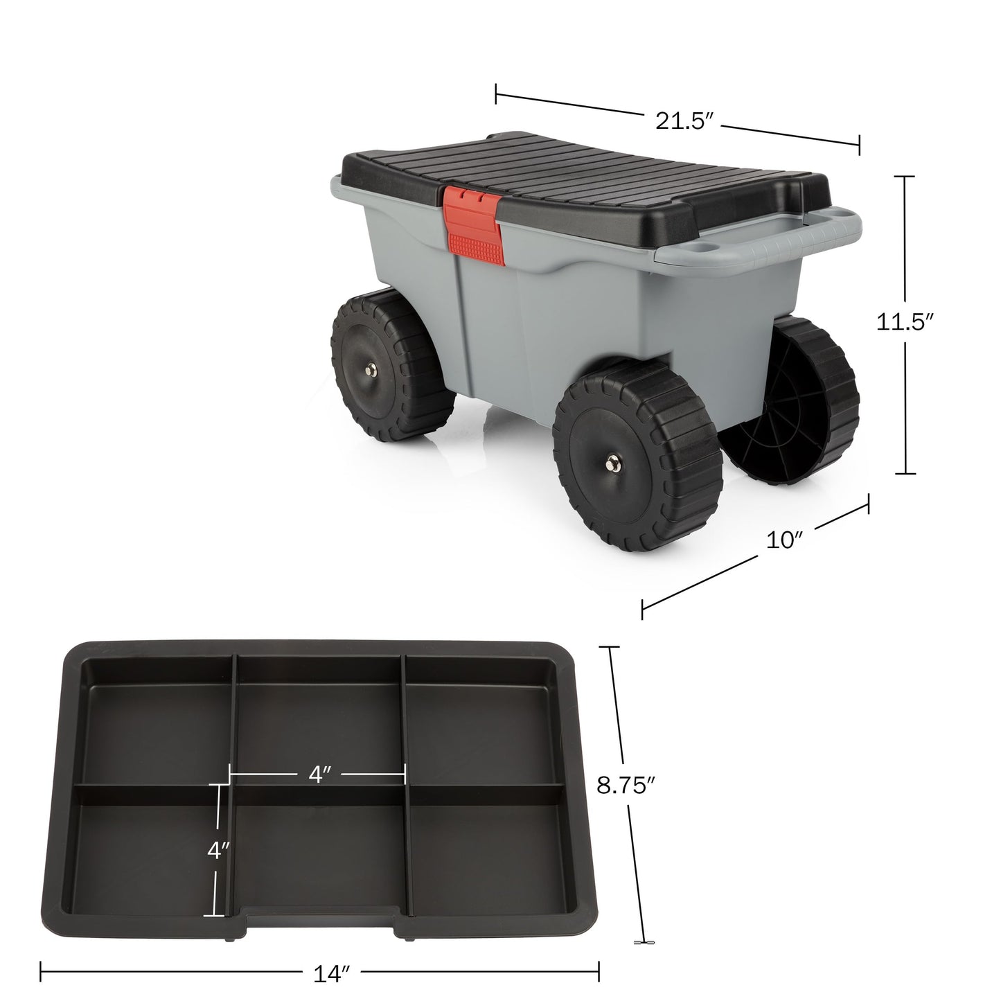 Pure Garden Rolling Garden Cart with Seat - Plastic Storage with Bench and Interior Tool Tray - Gardening Stool for Weeding and Planting (Gray)
