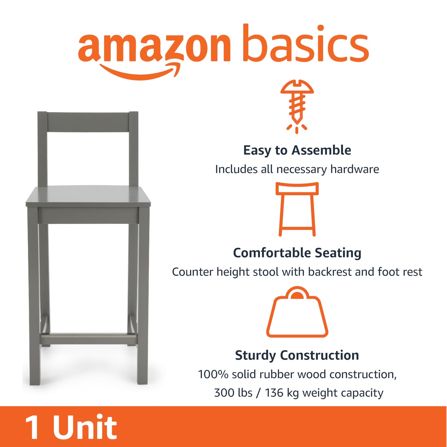 Amazon Basics Wooden Bar Stool with Backrest 24", Grey, 1 Unit
