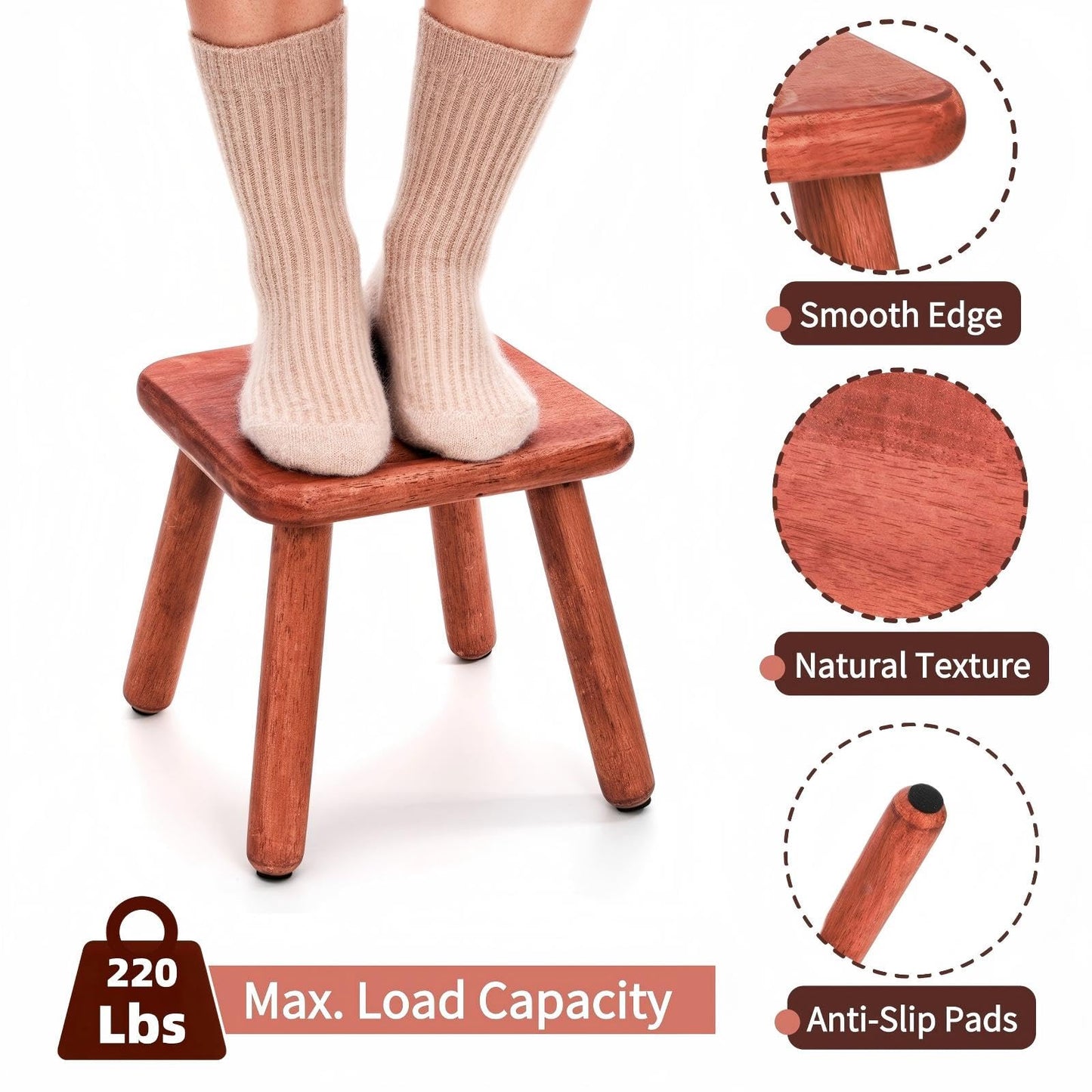 Mezchi 9'' Small Wooden Step Stool with Handle, Non-Slip One Step Stool, Square Portable Footstool, Solid Wood Sitting Stool for Plant, Adult, Kids, Bathroom, Bedroom, Walnut Color