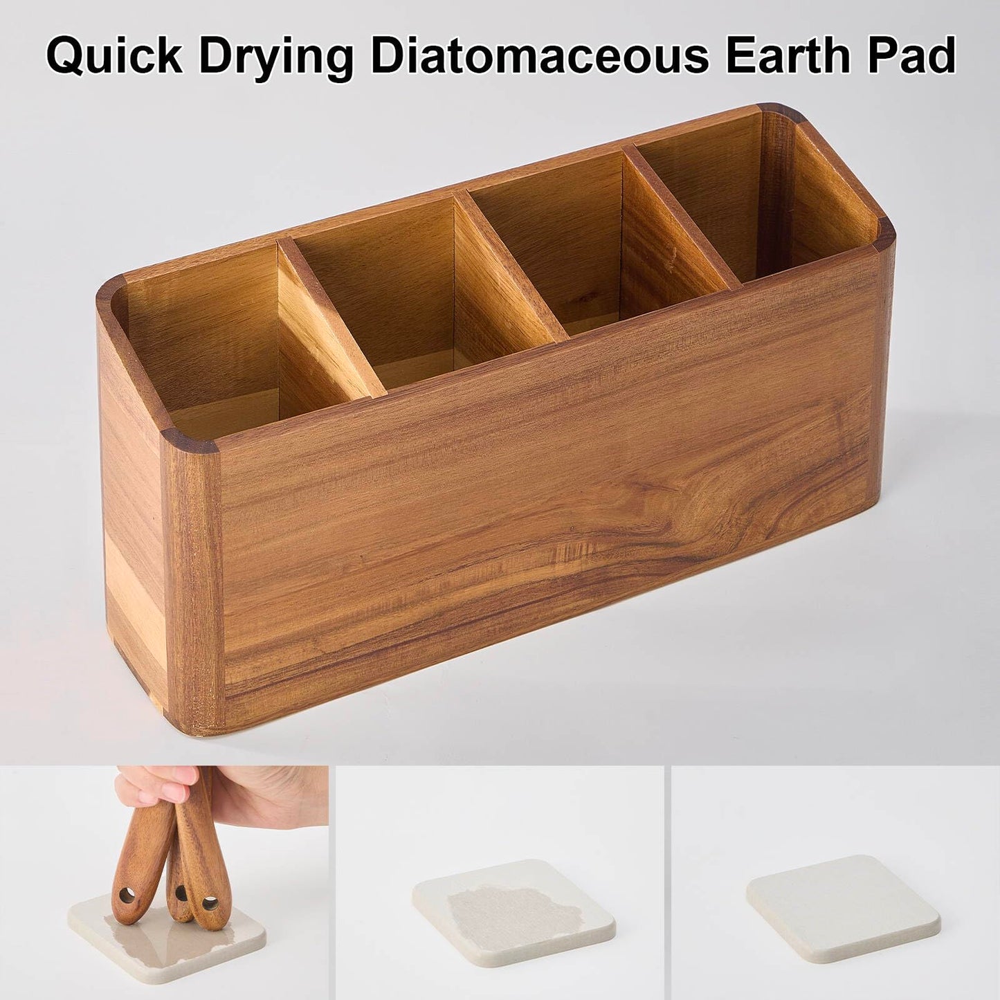 Wooden Utensil Holder for Kitchen Counter, Acacia Wood Kitchen Utensil Holder for Countertop with 4 Compartment, Cooking Utensil Organizer, Silverware Caddy (Acacia Wood, 4Compartment)